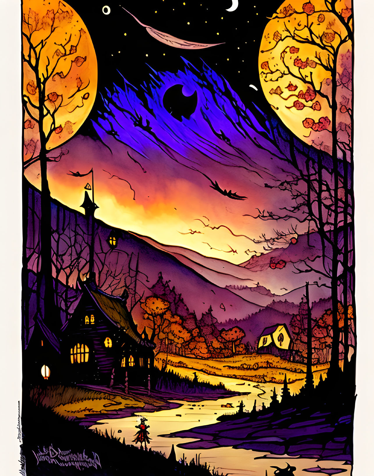 Nocturnal scene with two moons, starry sky, trees, cottage, autumn hues