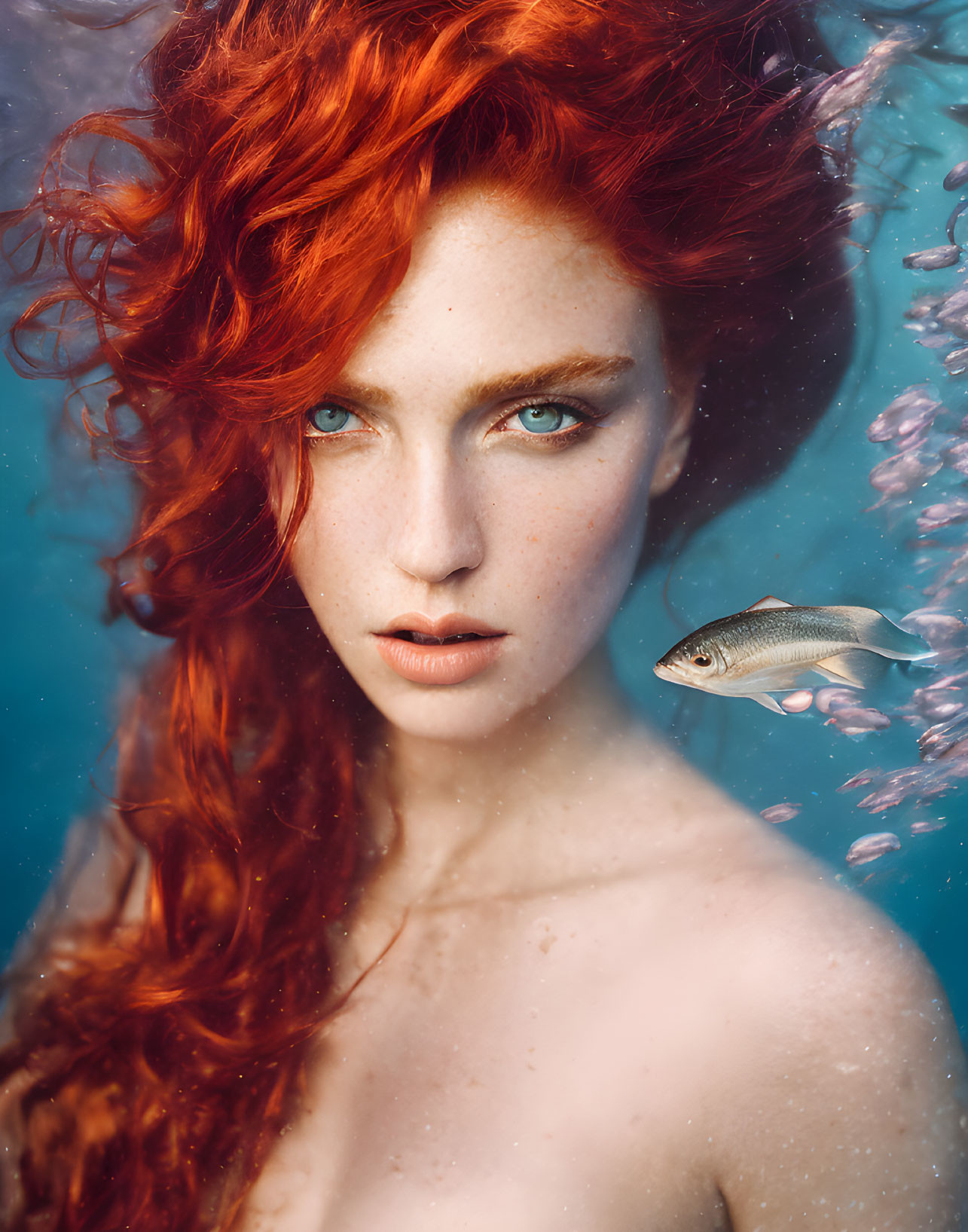 Vibrant red-haired woman with blue eyes underwater with fish.