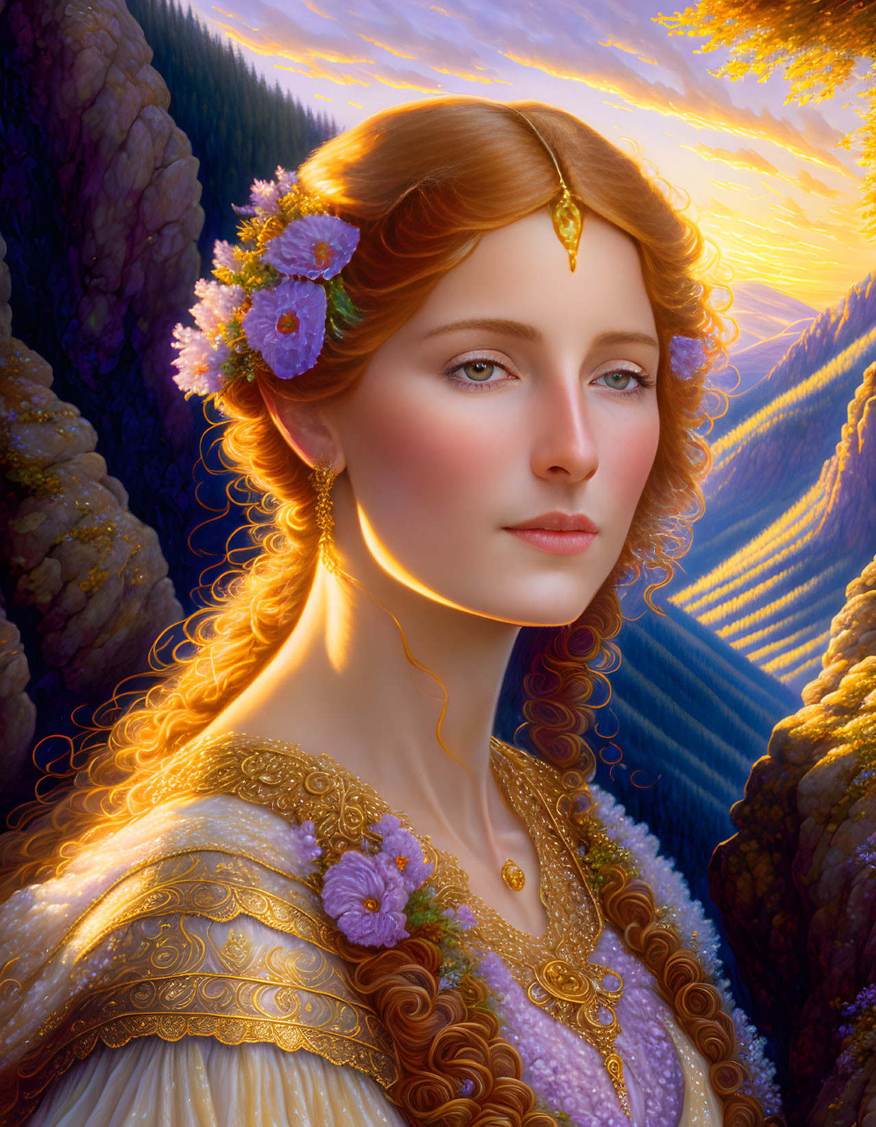 Ethereal woman with flowers, golden jewelry, and detailed dress in mountain landscape