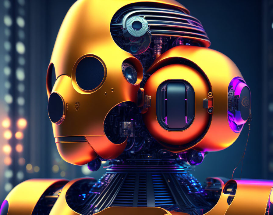 Detailed Futuristic Robot Head with Glossy Orange Surface