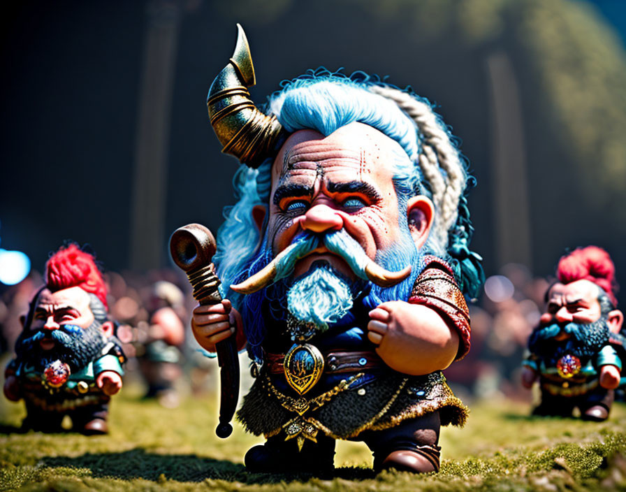 Miniature fantasy warrior figures with exaggerated features and a bearded leader in a horned helmet.