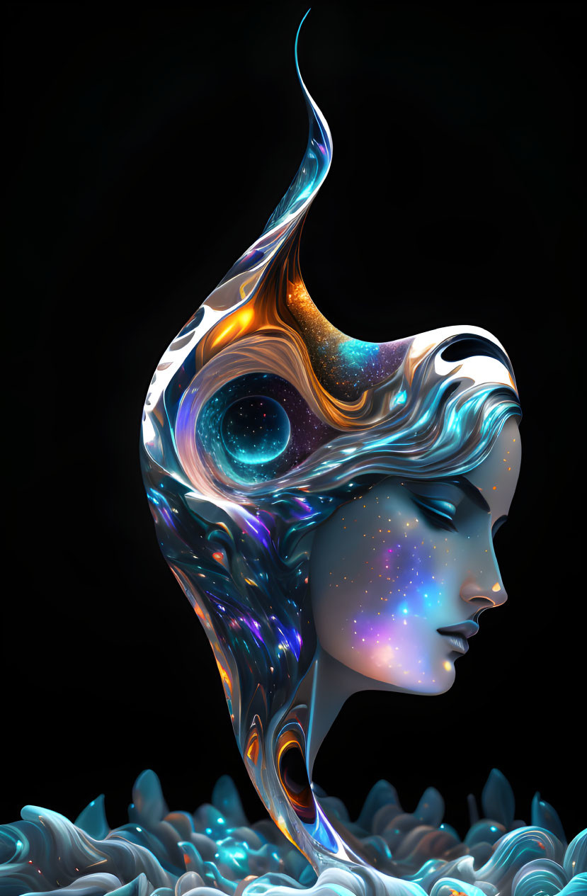 Abstract cosmic-themed headdress in digital artwork of woman's side profile