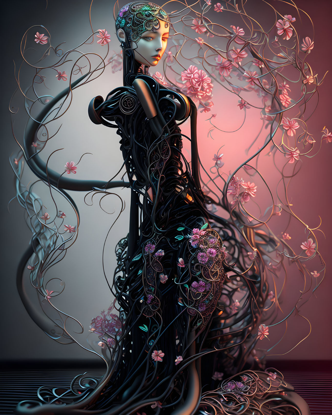 Detailed image: Ornate feminine android with intricate vine-like patterns and blossoming flowers, showcasing technology and