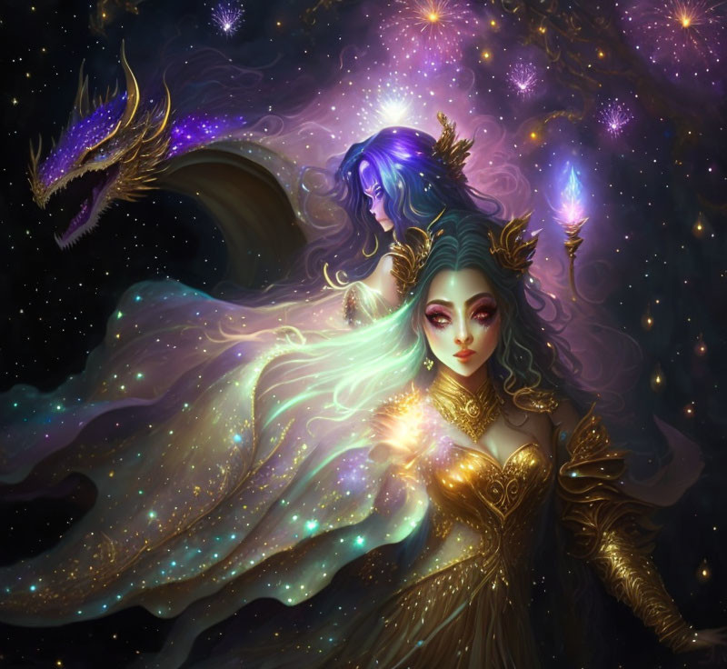 Fantasy illustration of woman in golden armor with cosmic dragon and stars.