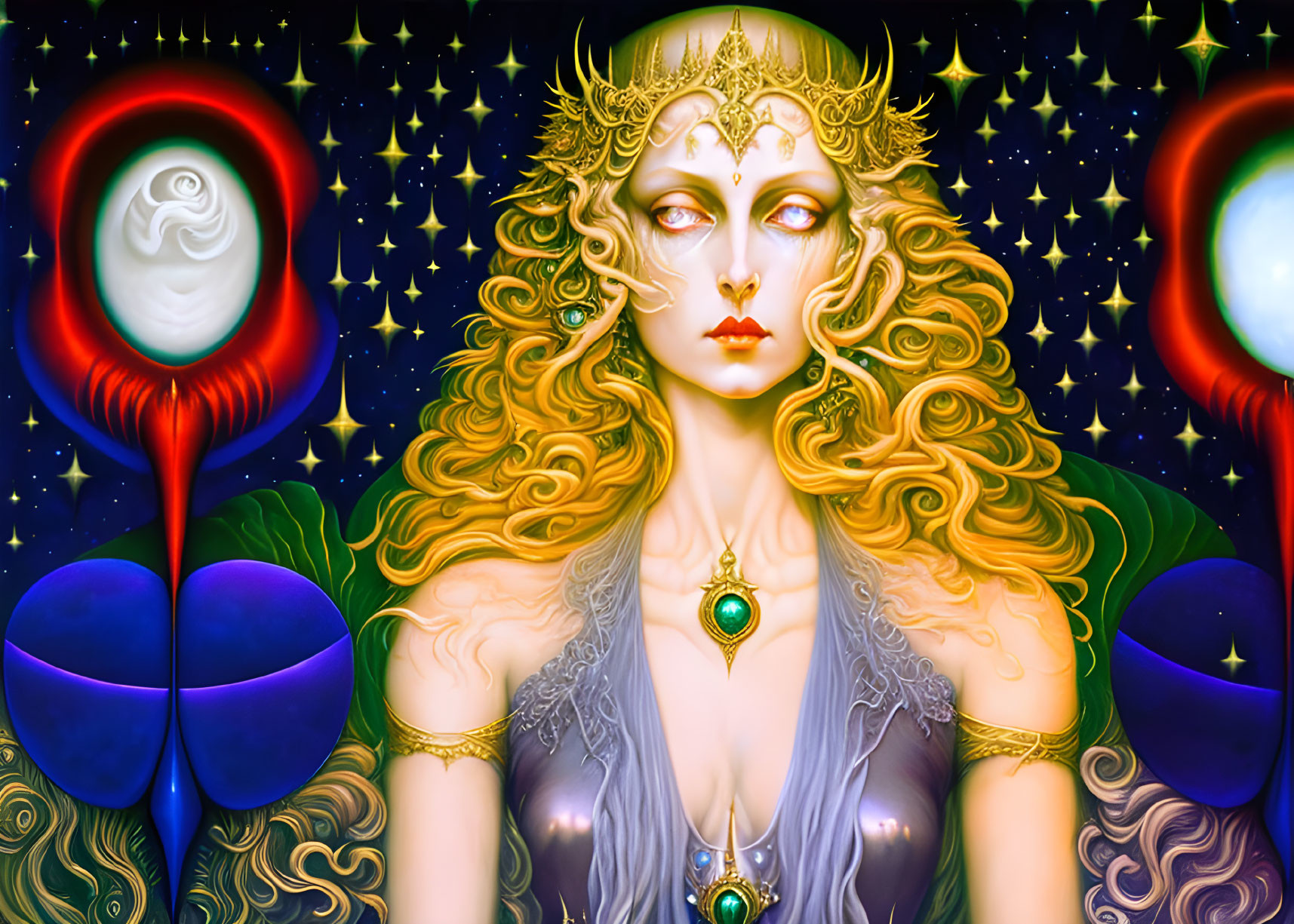 Golden-haired celestial woman in mystical space setting