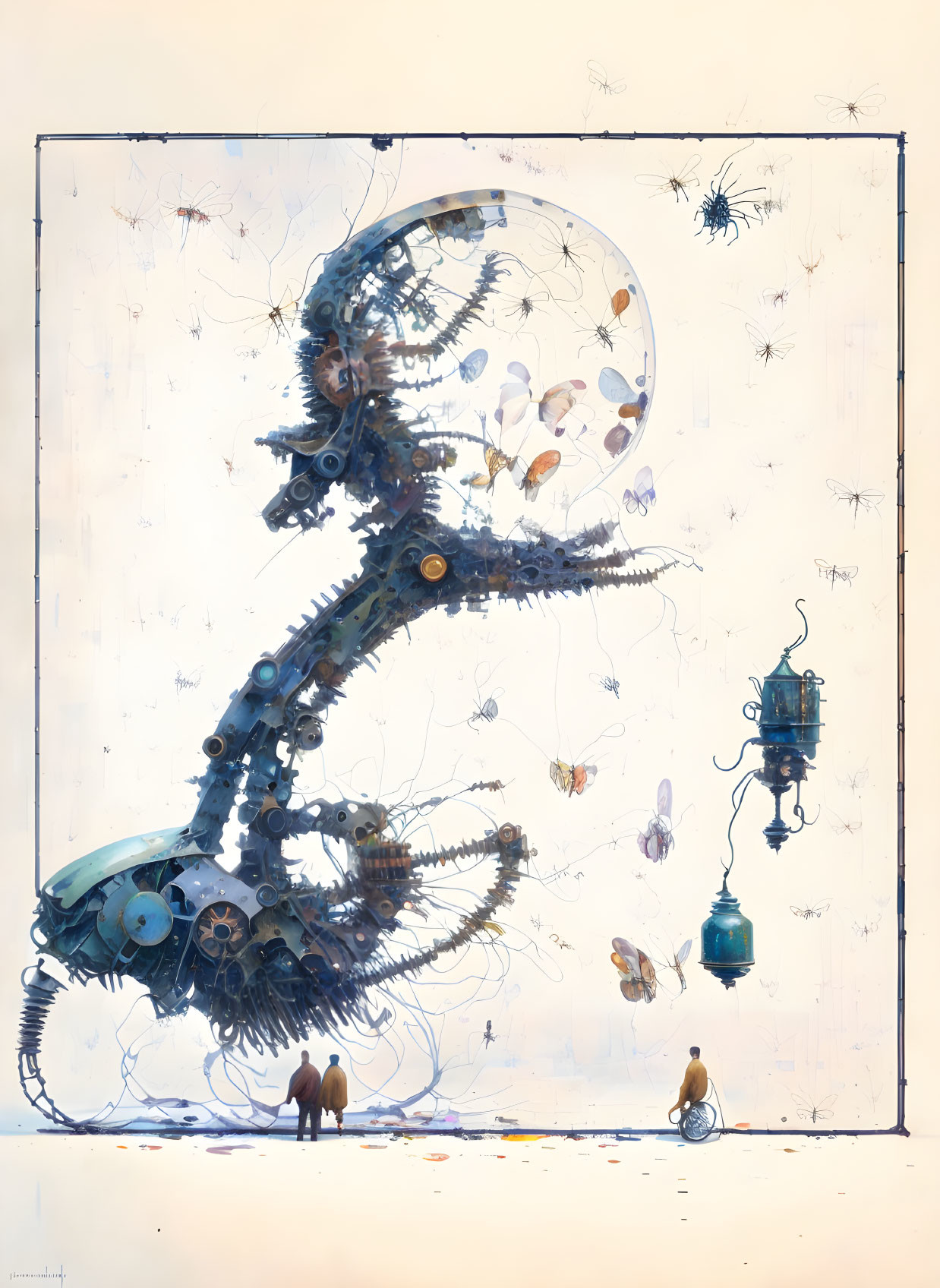 Surreal painting of mechanical seahorse amid bubbles and fish