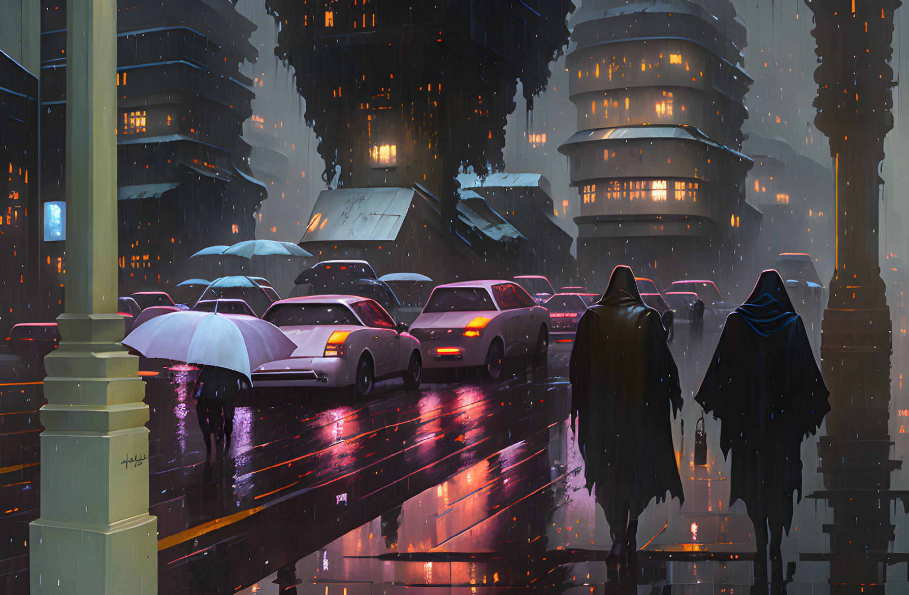 Futuristic cityscape with towering buildings, rain, traffic, and figures with umbrellas.