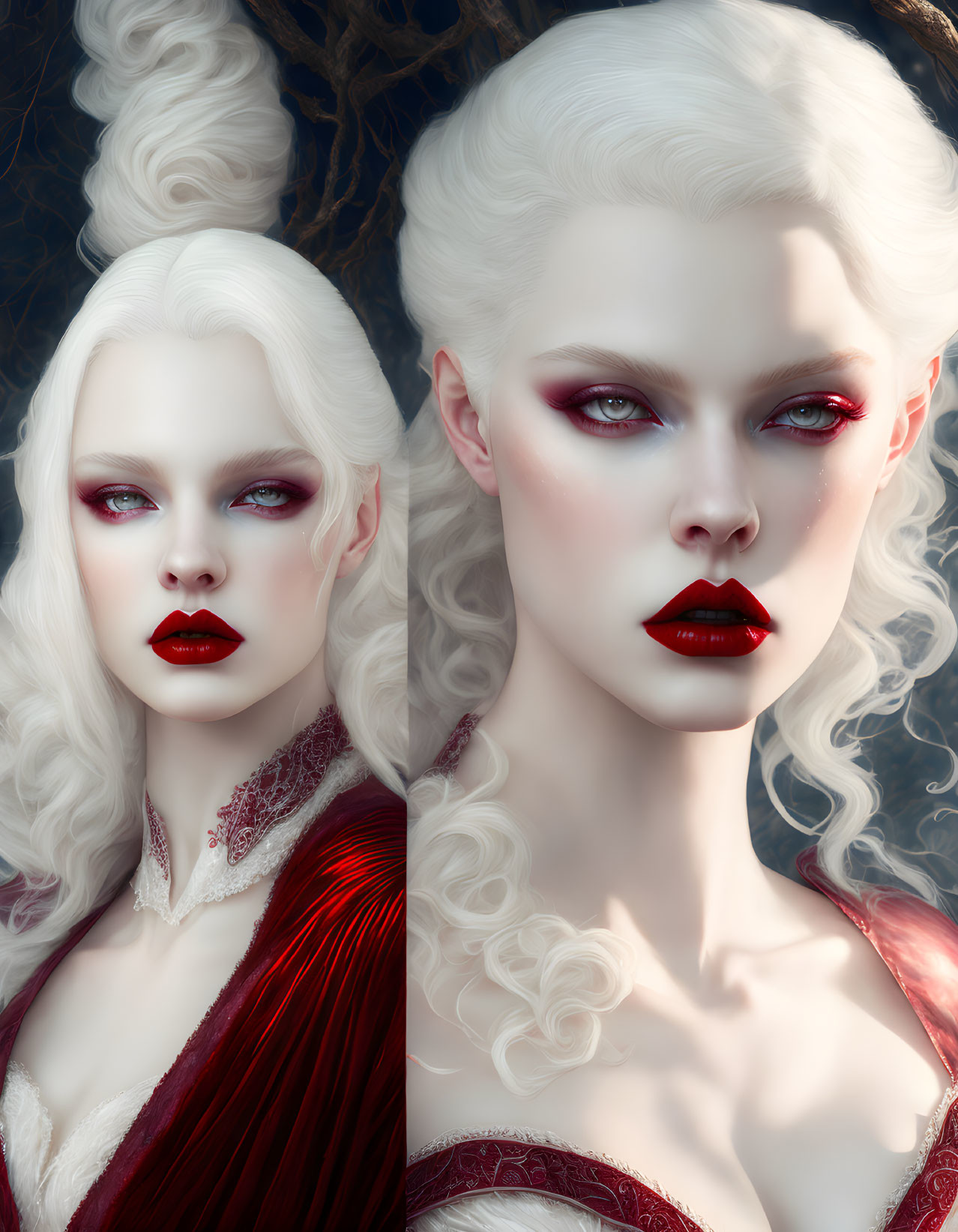 Stylized portrait of a woman with pale skin and red lips