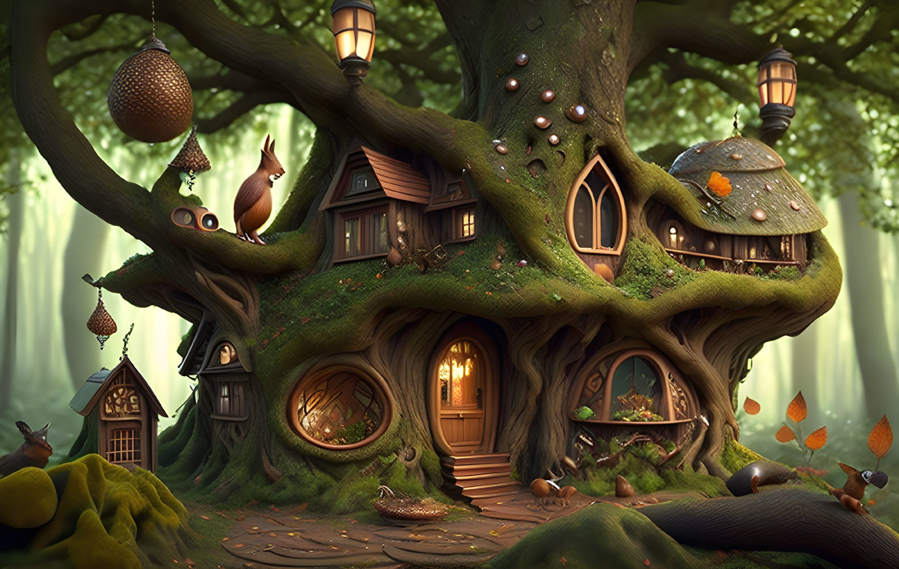 Whimsical tree with houses, lanterns, bird, and snail in mystical forest