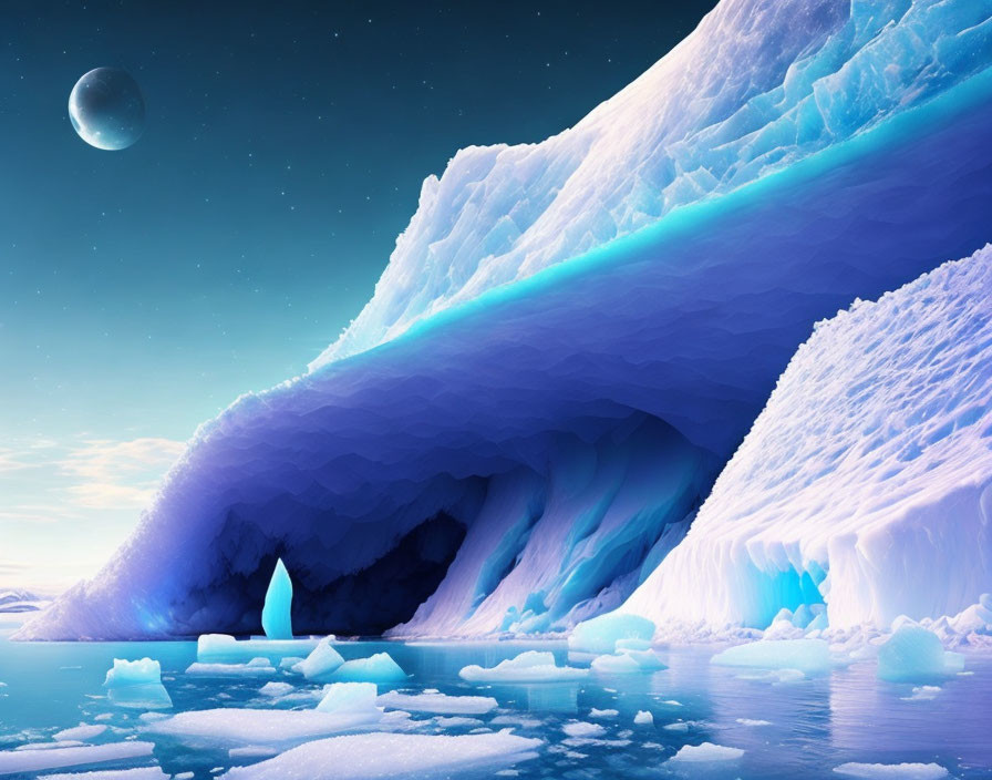 Ethereal Arctic landscape with ice formation, cavern, icebergs, and distant planet