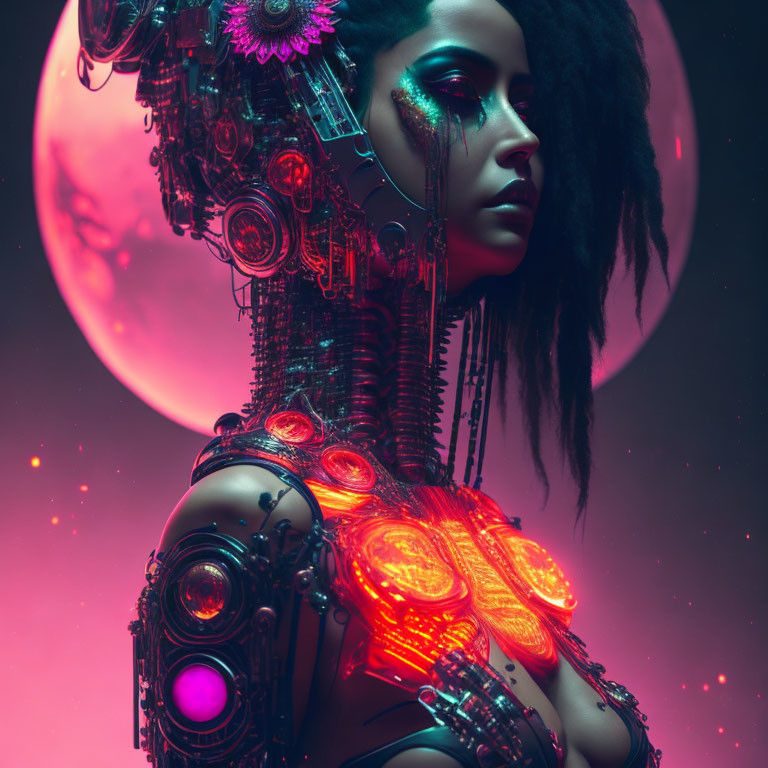 Cybernetic female figure with mechanical details against a pink moon