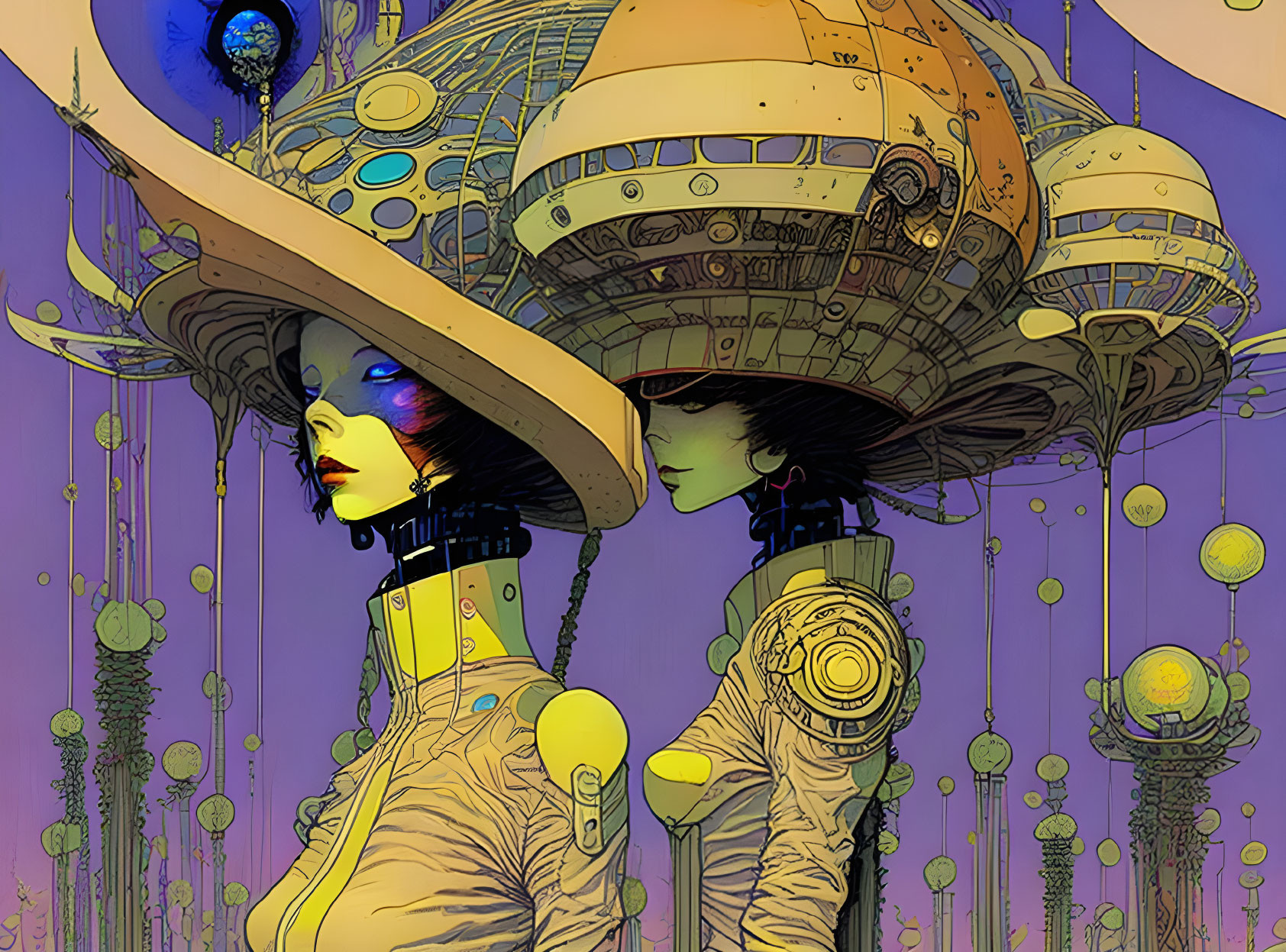 Stylized futuristic figures with headgear against spherical structures and purple background