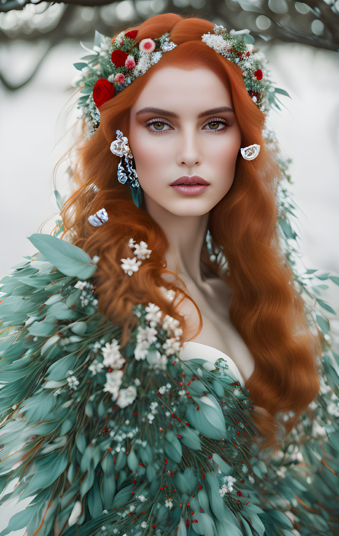 Red-haired woman in floral crown and green dress on snowy background