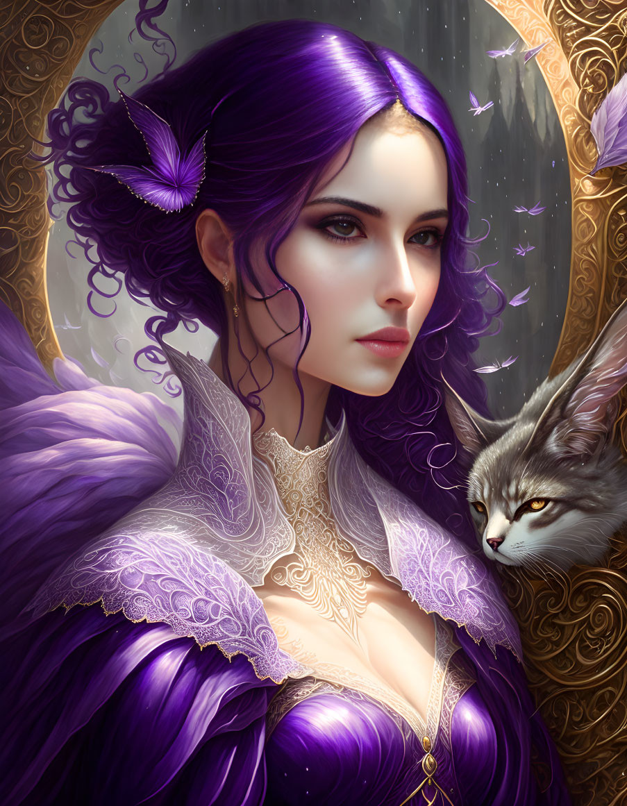 Purple-haired woman in elegant attire with mythical creature and butterflies under celestial glow