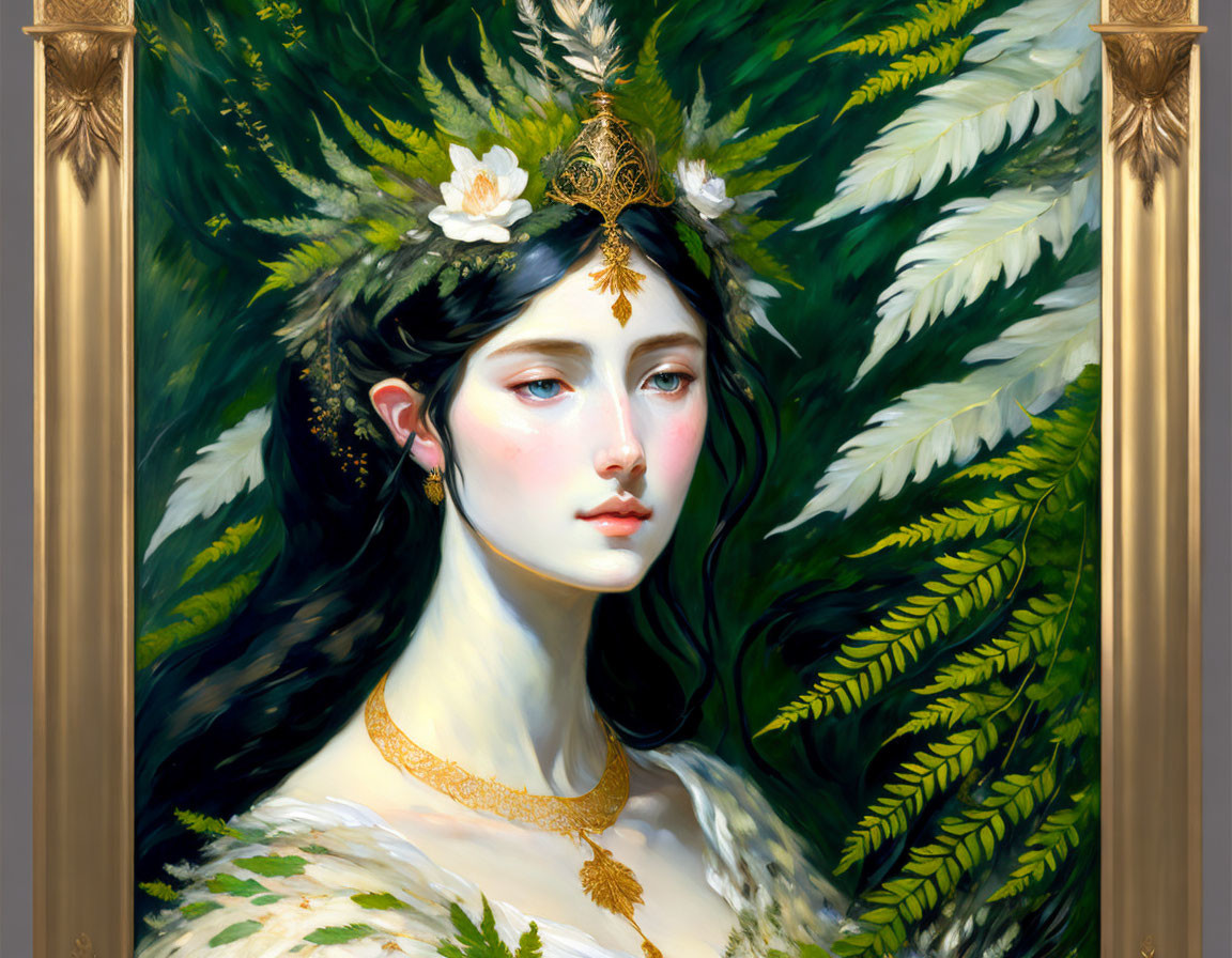 Serene woman portrait with leafy crown and golden jewelry