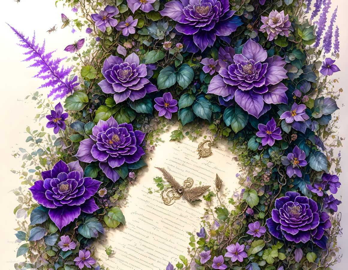 Purple Flowers and Ferns Surrounding Open Book with Golden Locks