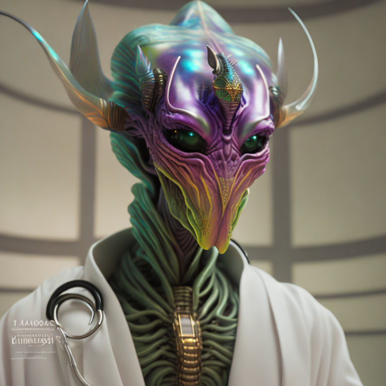 Colorful Alien Doctor Portrait with Horns and Stethoscope