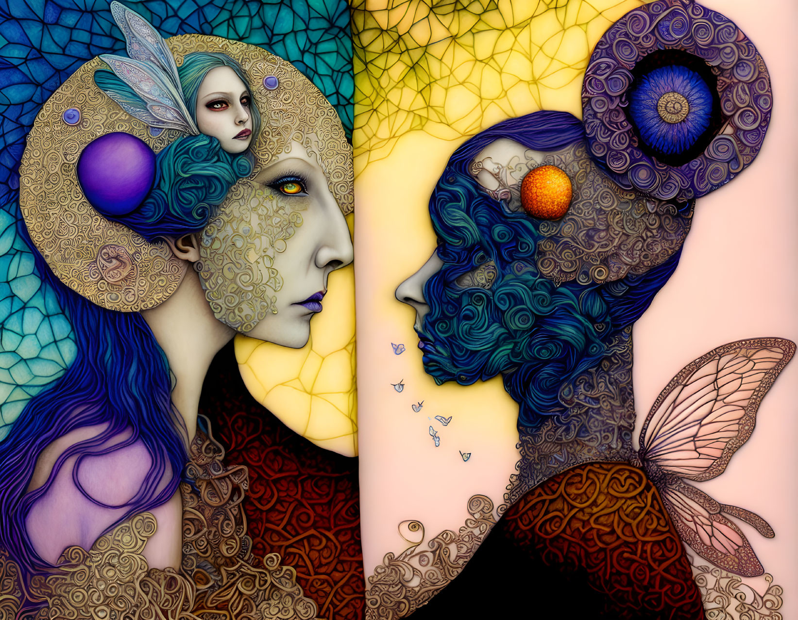 Colorful stylized faces in profile with nature and fantasy elements