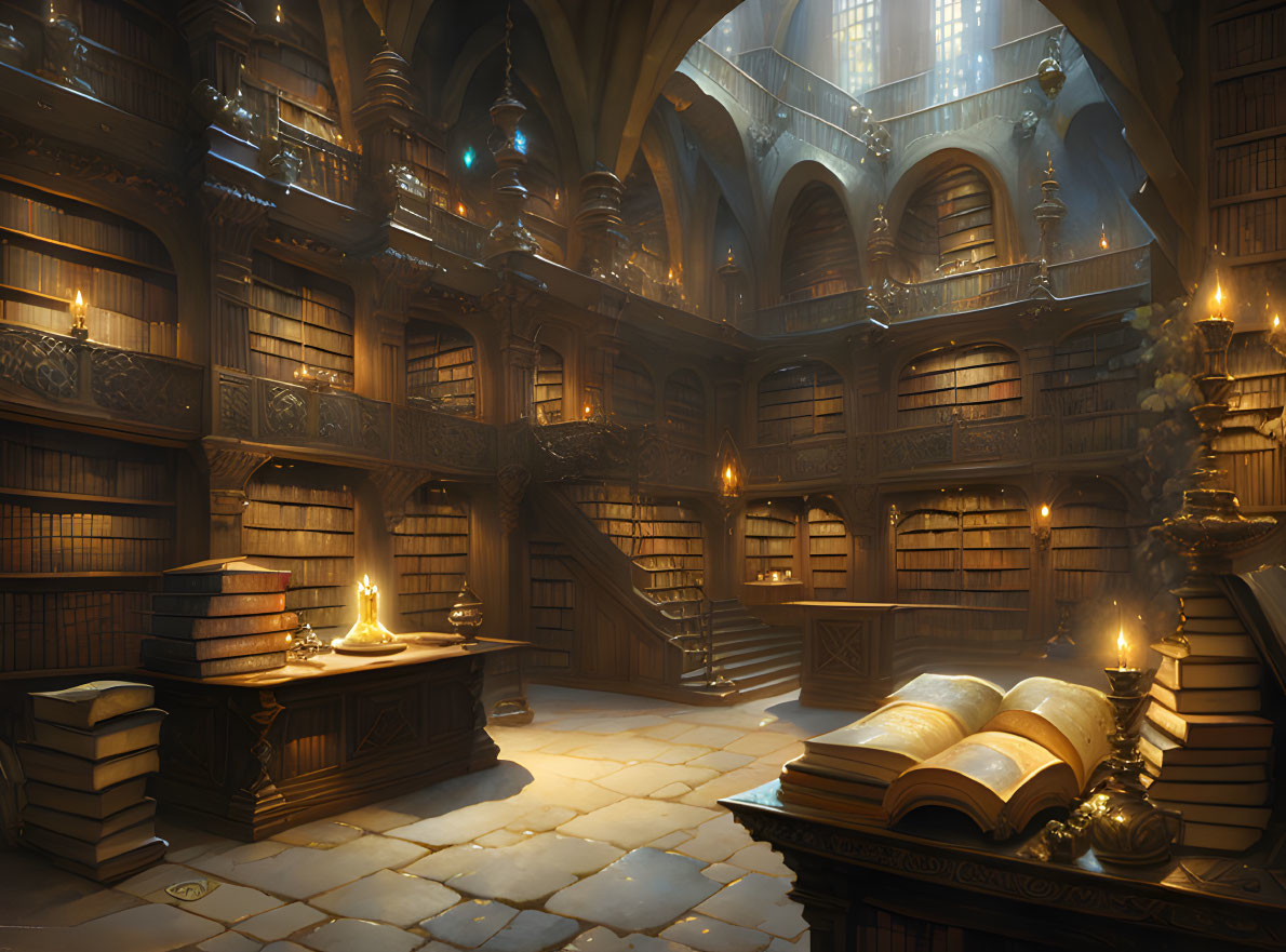 Large library with wooden shelves, spiral staircases, candles, and open book