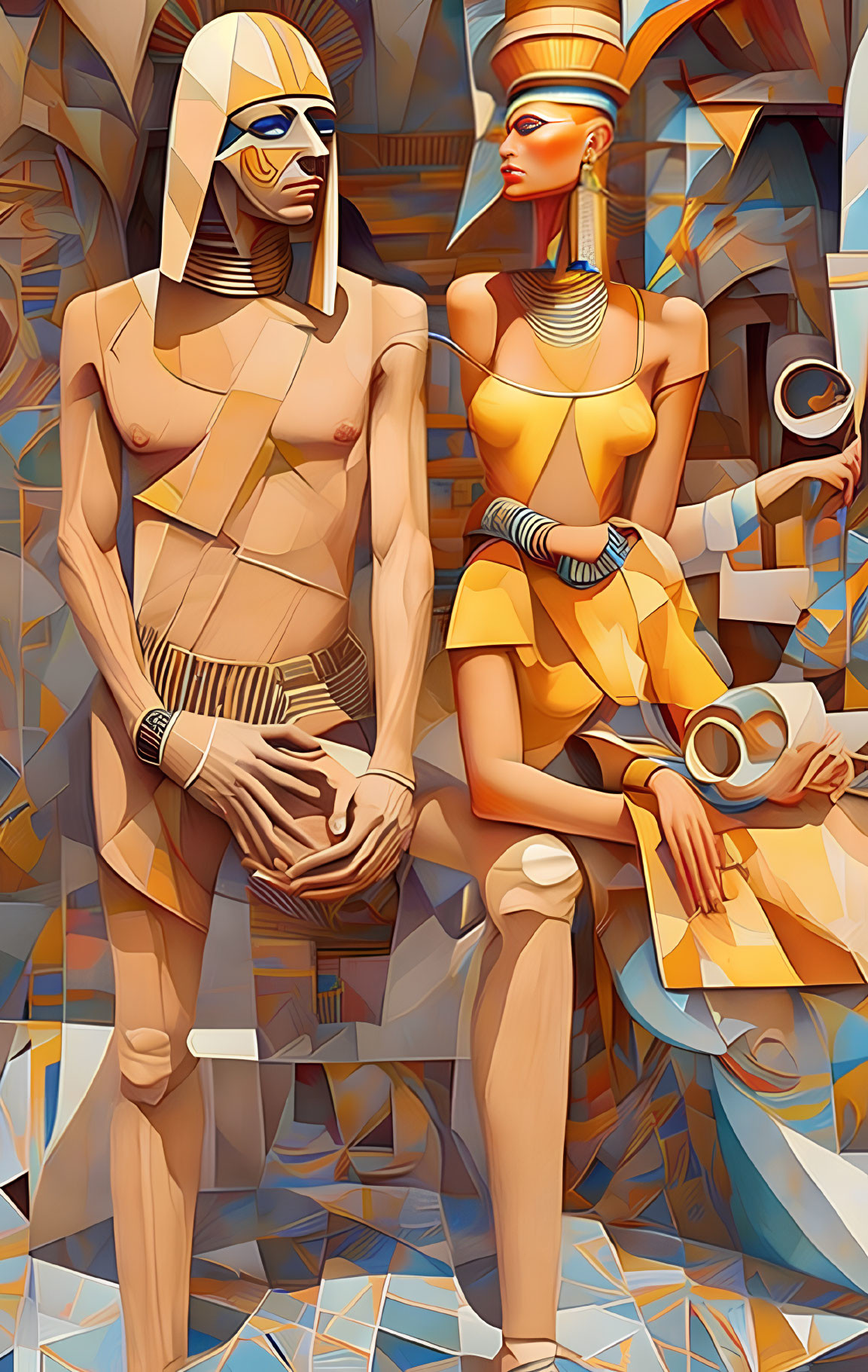 Ancient Egyptian Pharaoh and Queen in Geometric Background