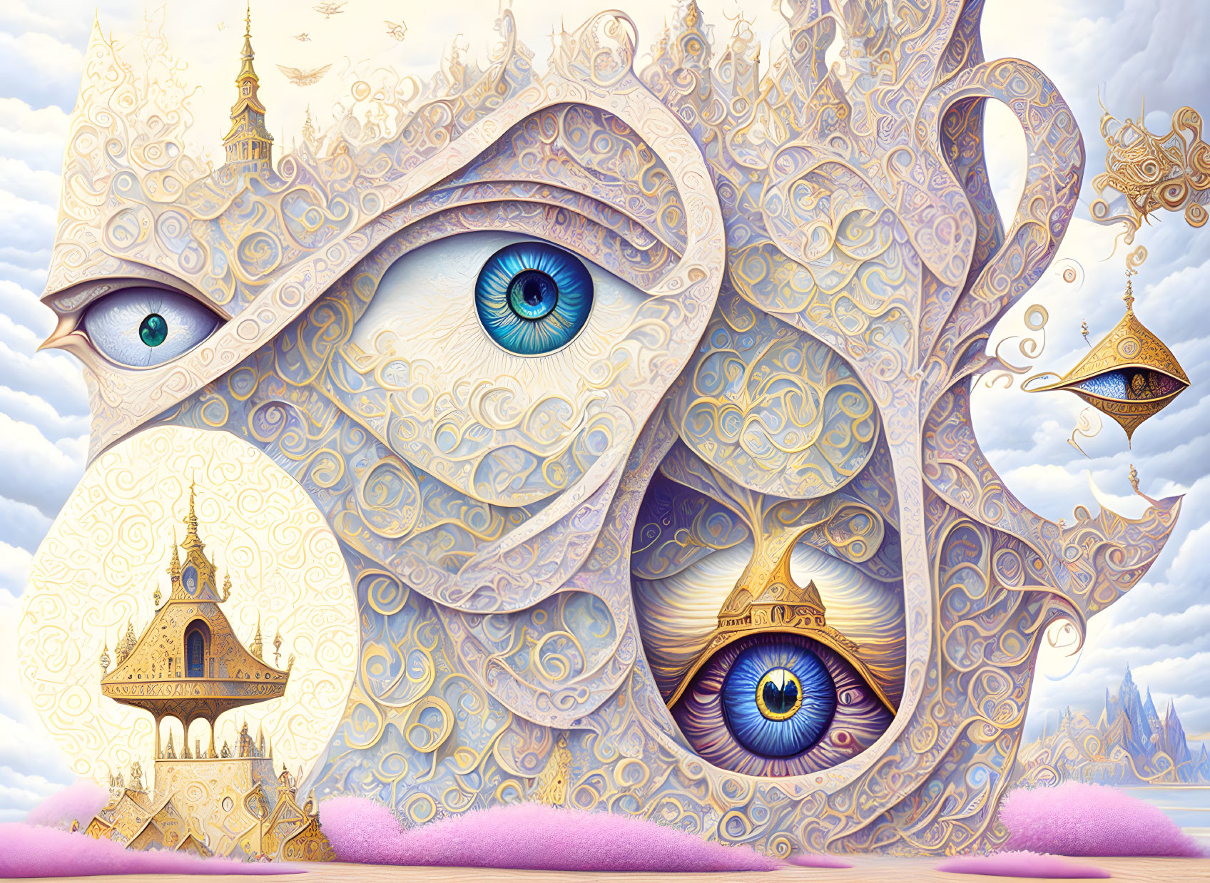 Surreal illustration of eye-adorned towers in pastel landscape