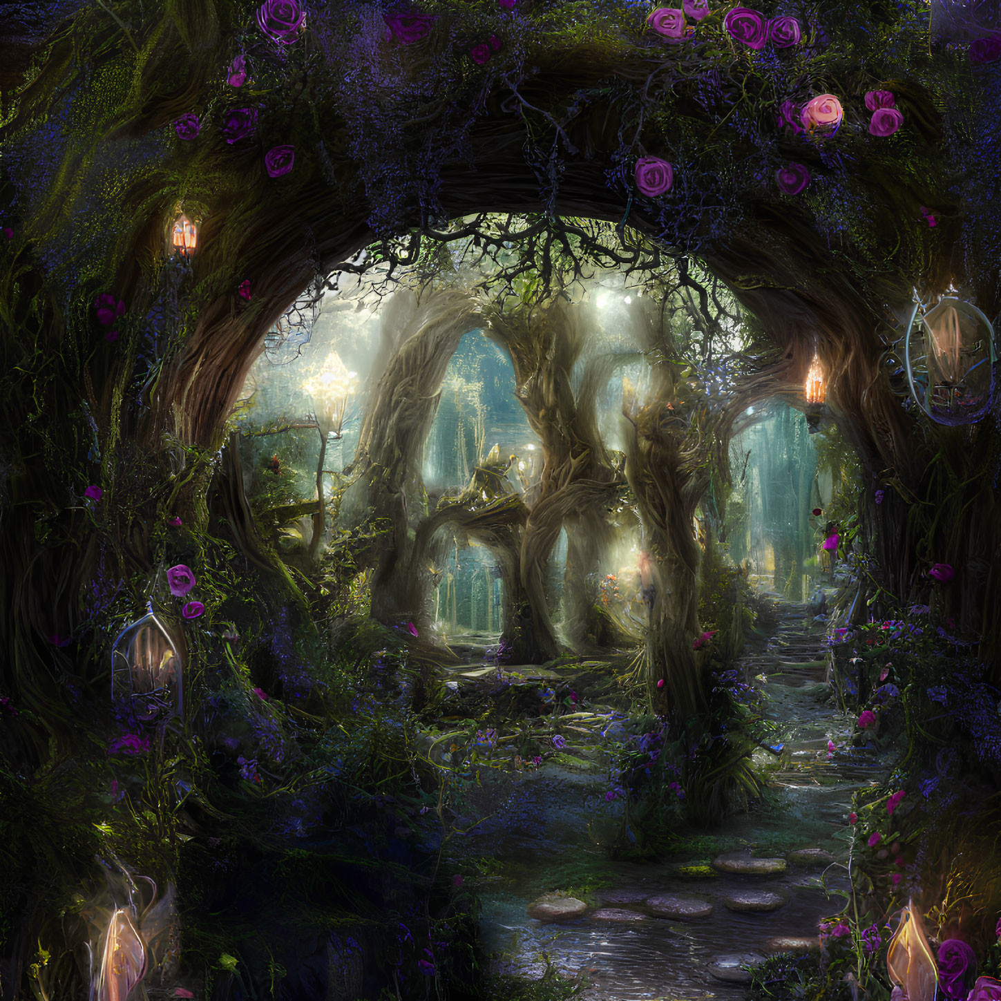 Enchanting forest path with twisted trees, lanterns, and purple flowers