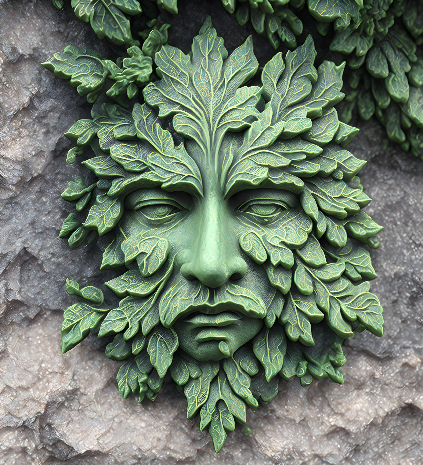 Green leafy face sculpture on textured grey background