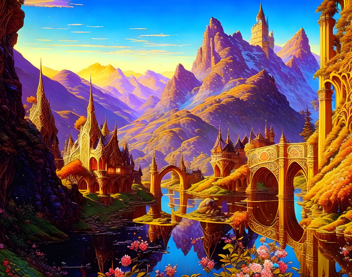 Colorful Fantasy Landscape with Castle, Mountains, Lake, Bridges, and Flora