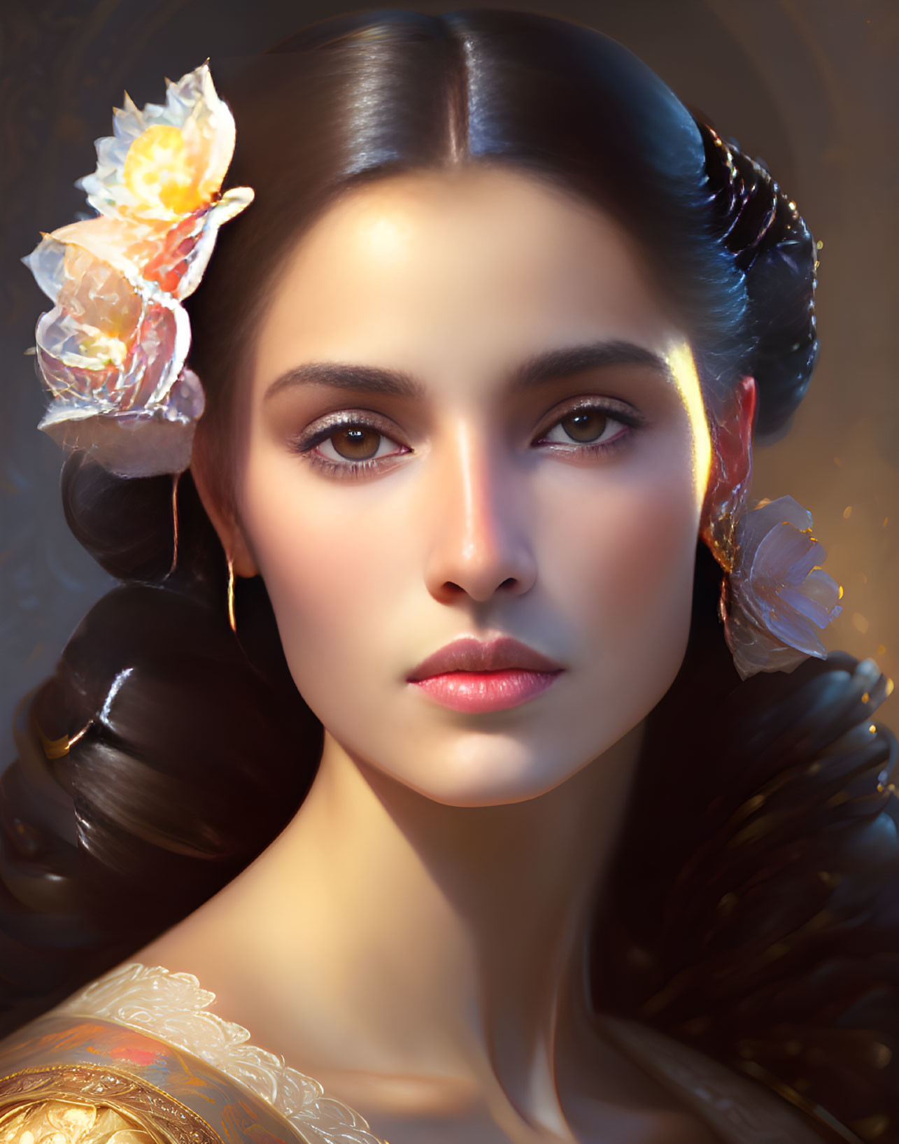 Digital painting: Woman with elegant hairstyle and luminous flower adornments