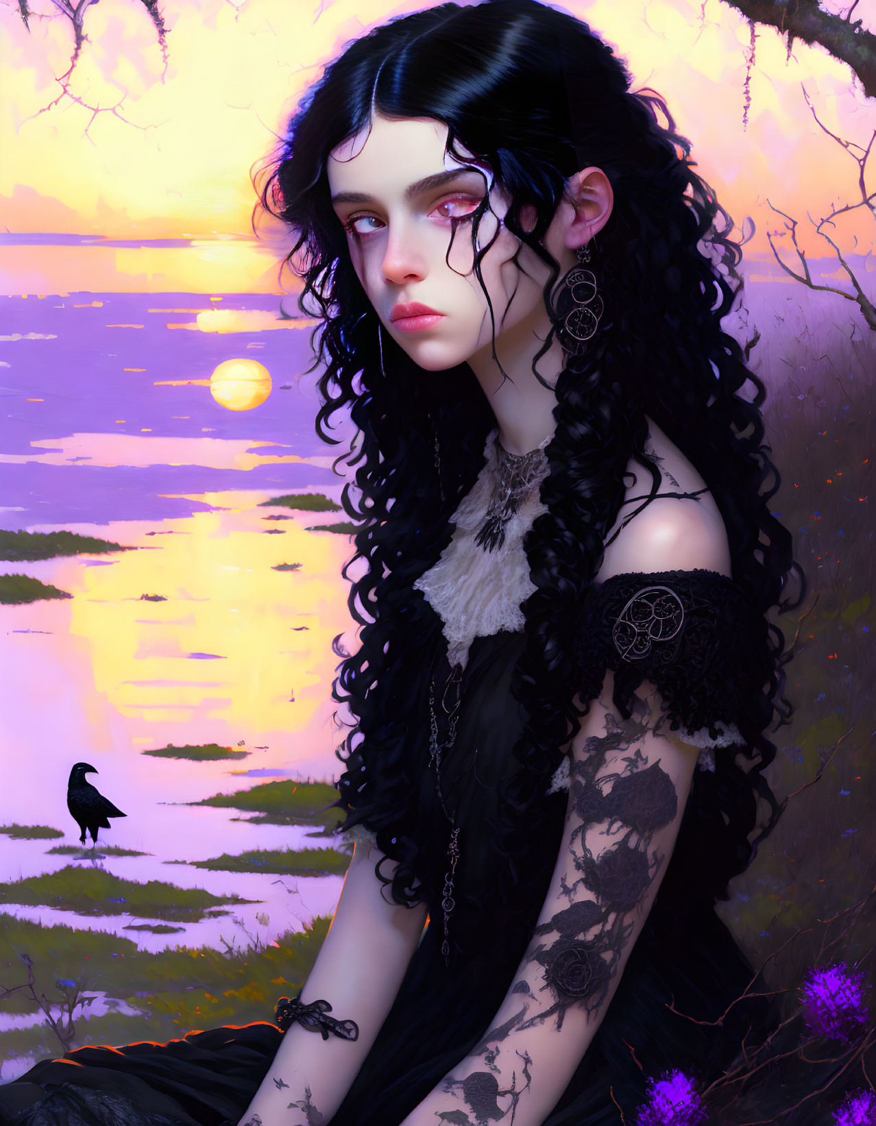 Gothic woman with black hair and tattoos by purple-lit water at sunset