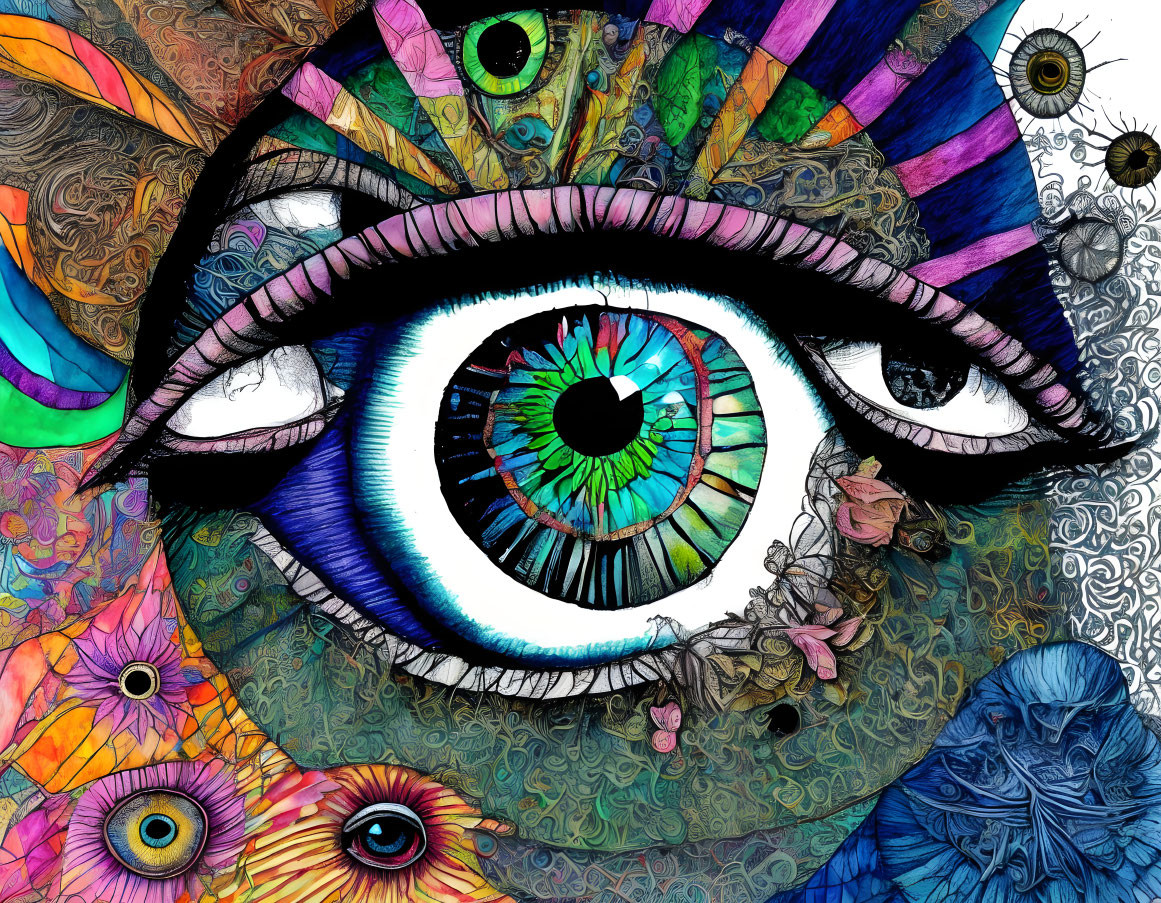 Colorful Psychedelic Human Eye Illustration with Multiple Eyes