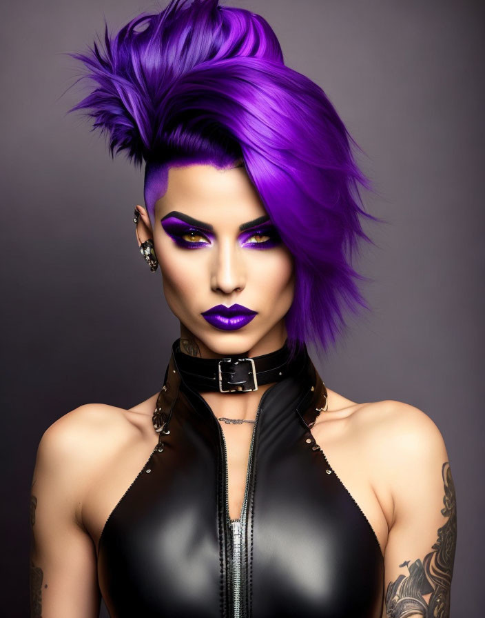 Vibrant Purple Mohawk Hairstyle and Tattoos on Arm