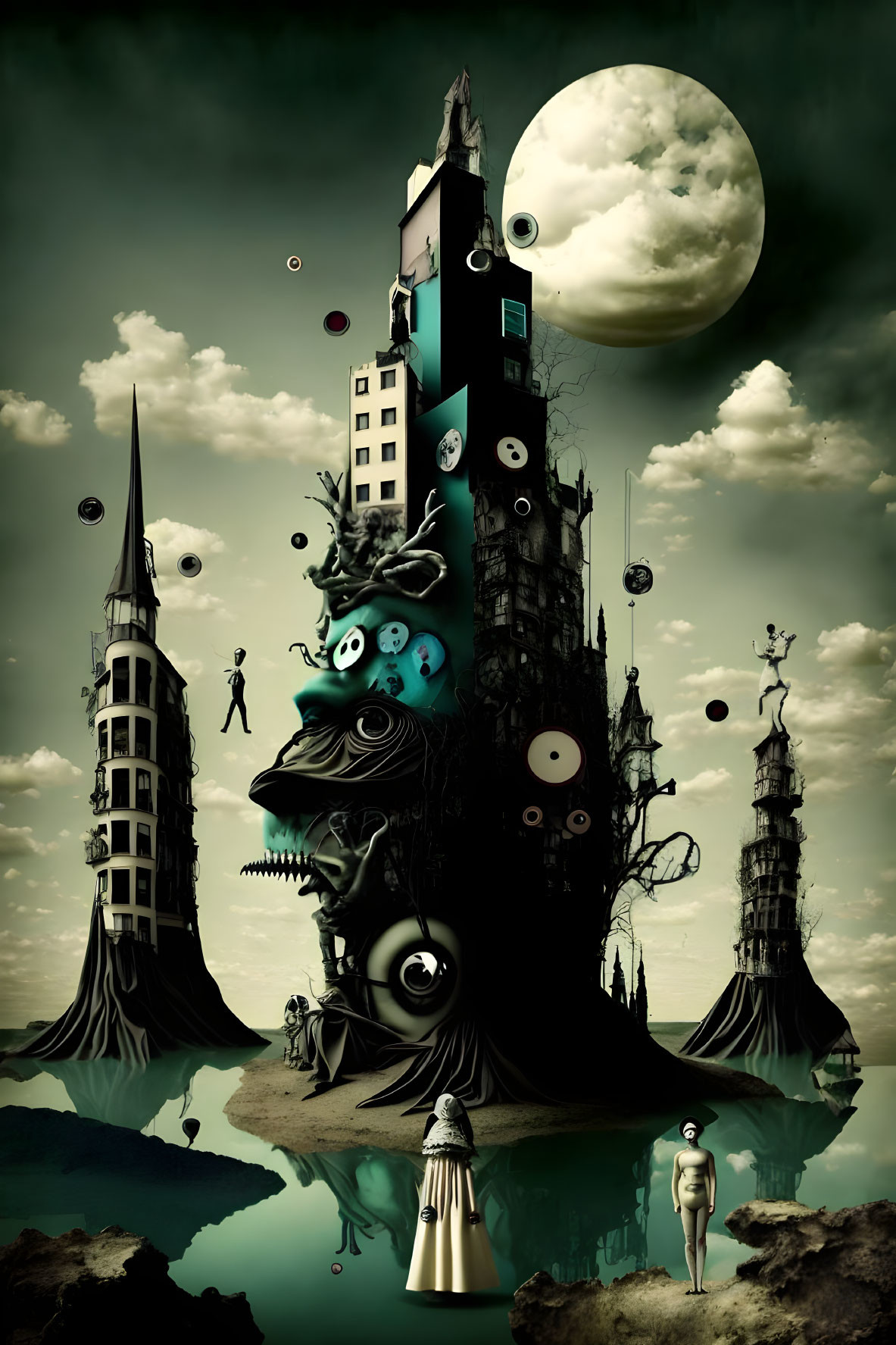 Surreal landscape with floating towers and monstrous faces