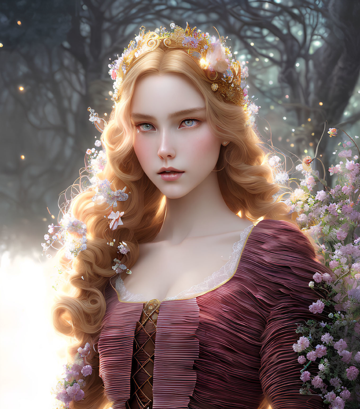 Fantasy-themed digital artwork of a woman with golden hair and floral crown in a mystical forest.