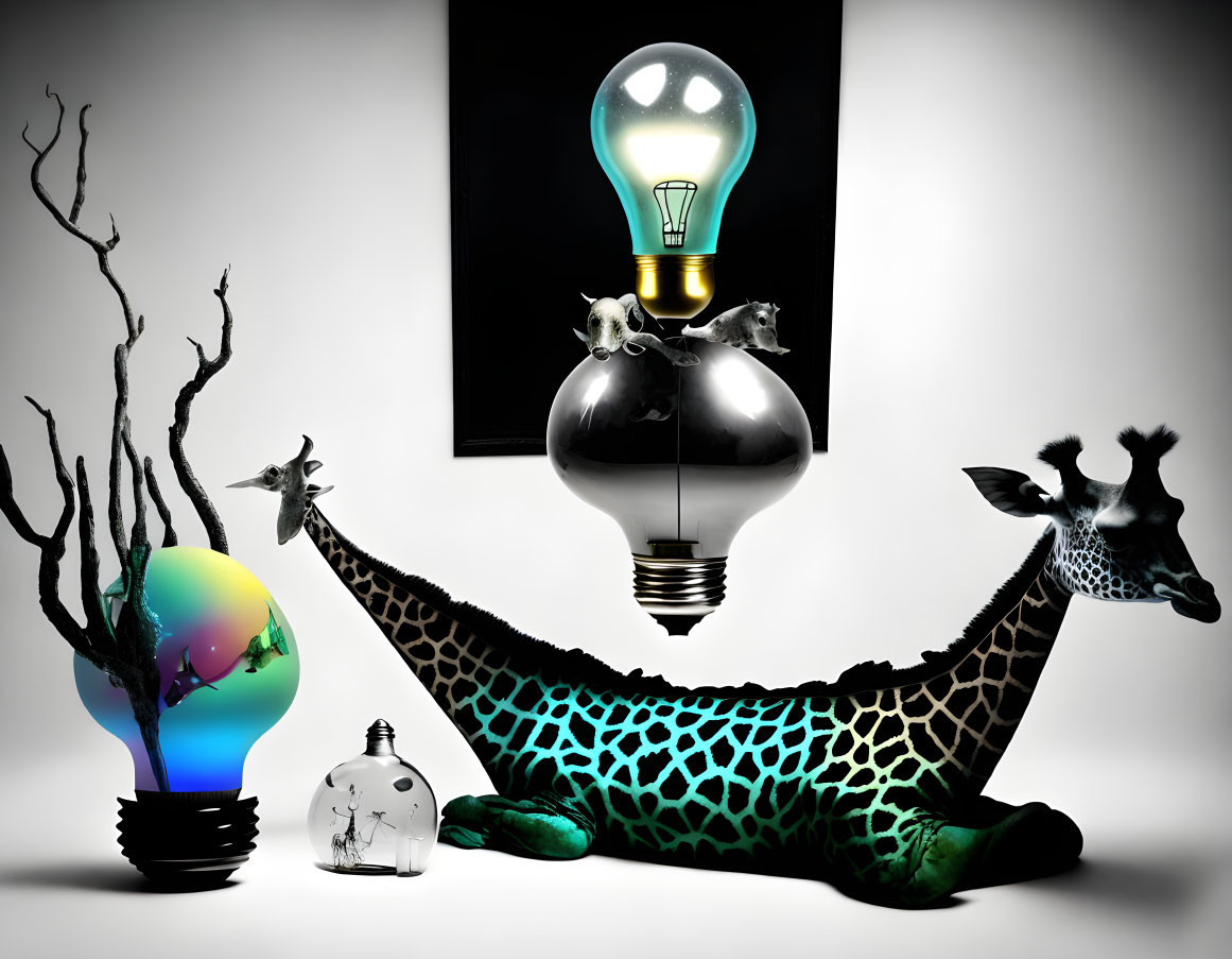 Surreal giraffe with light bulb head and miniature giraffes on back