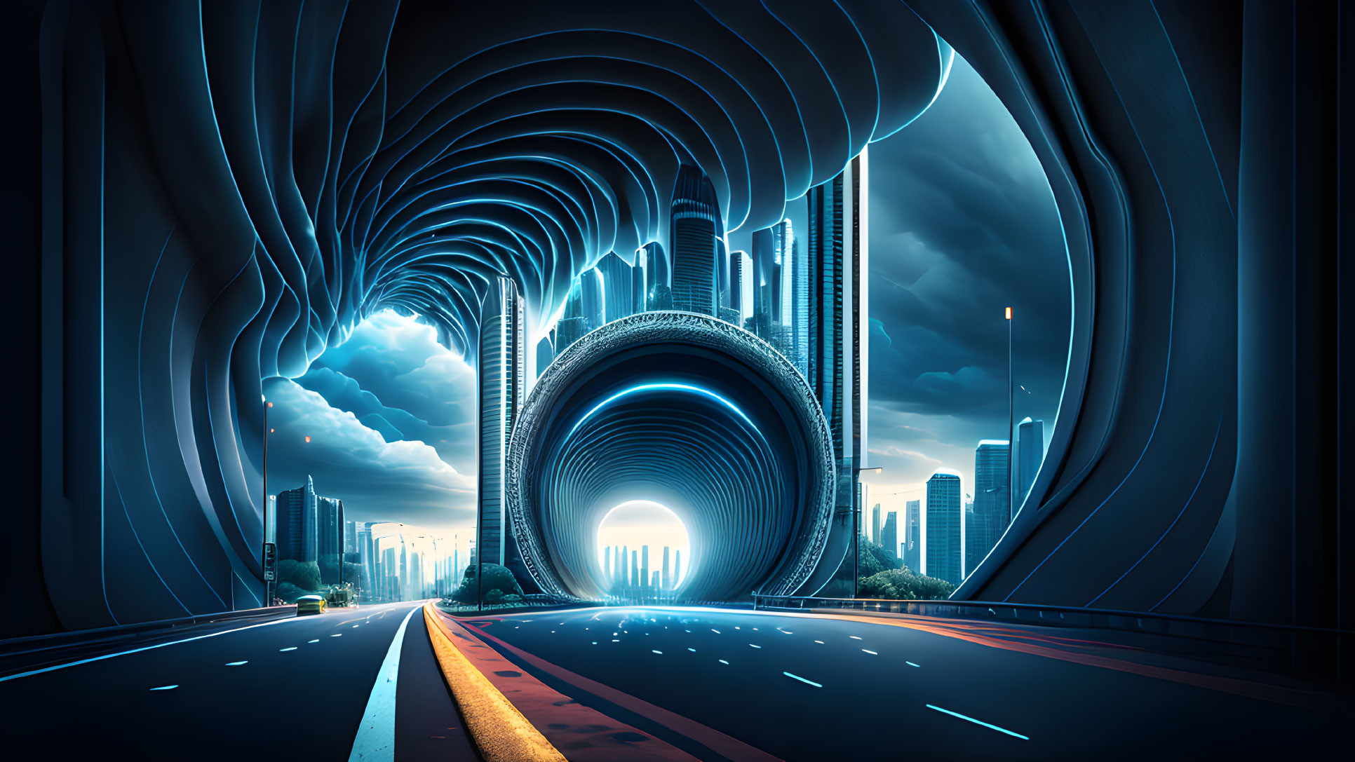 Futuristic tunnel with glowing blue lights and cityscape view at twilight