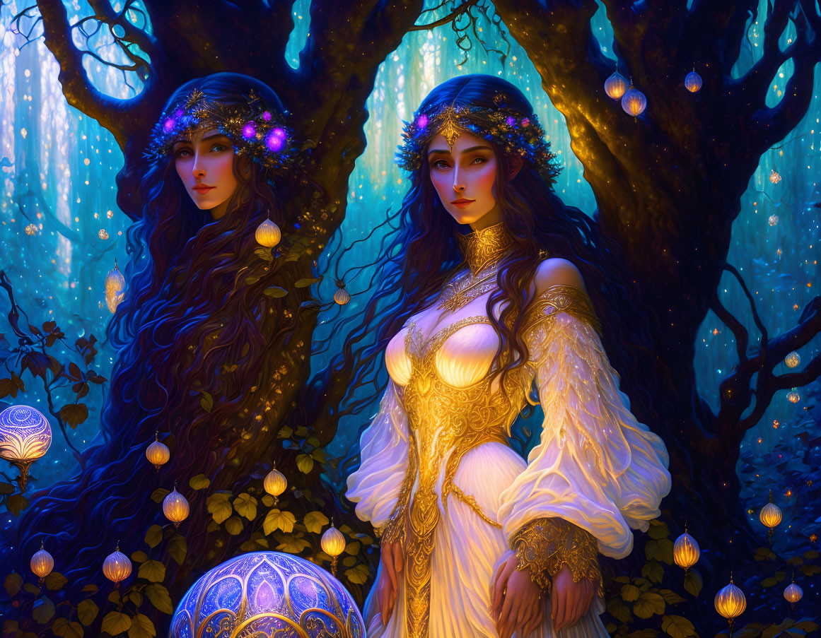 Ethereal women in fantasy attire in enchanted forest with mystical trees