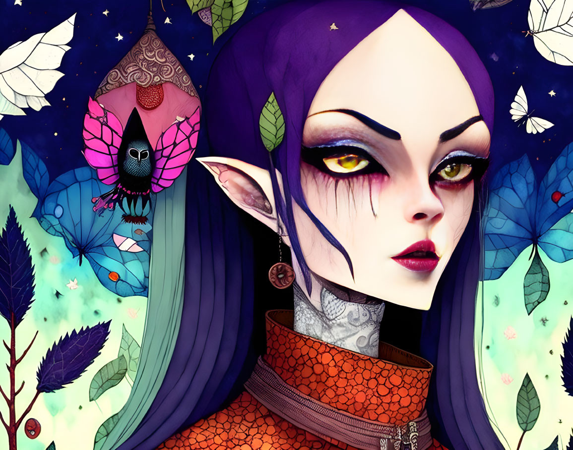 Purple-skinned female character with pointed ears, yellow eyes, surrounded by leaves, butterflies, and a