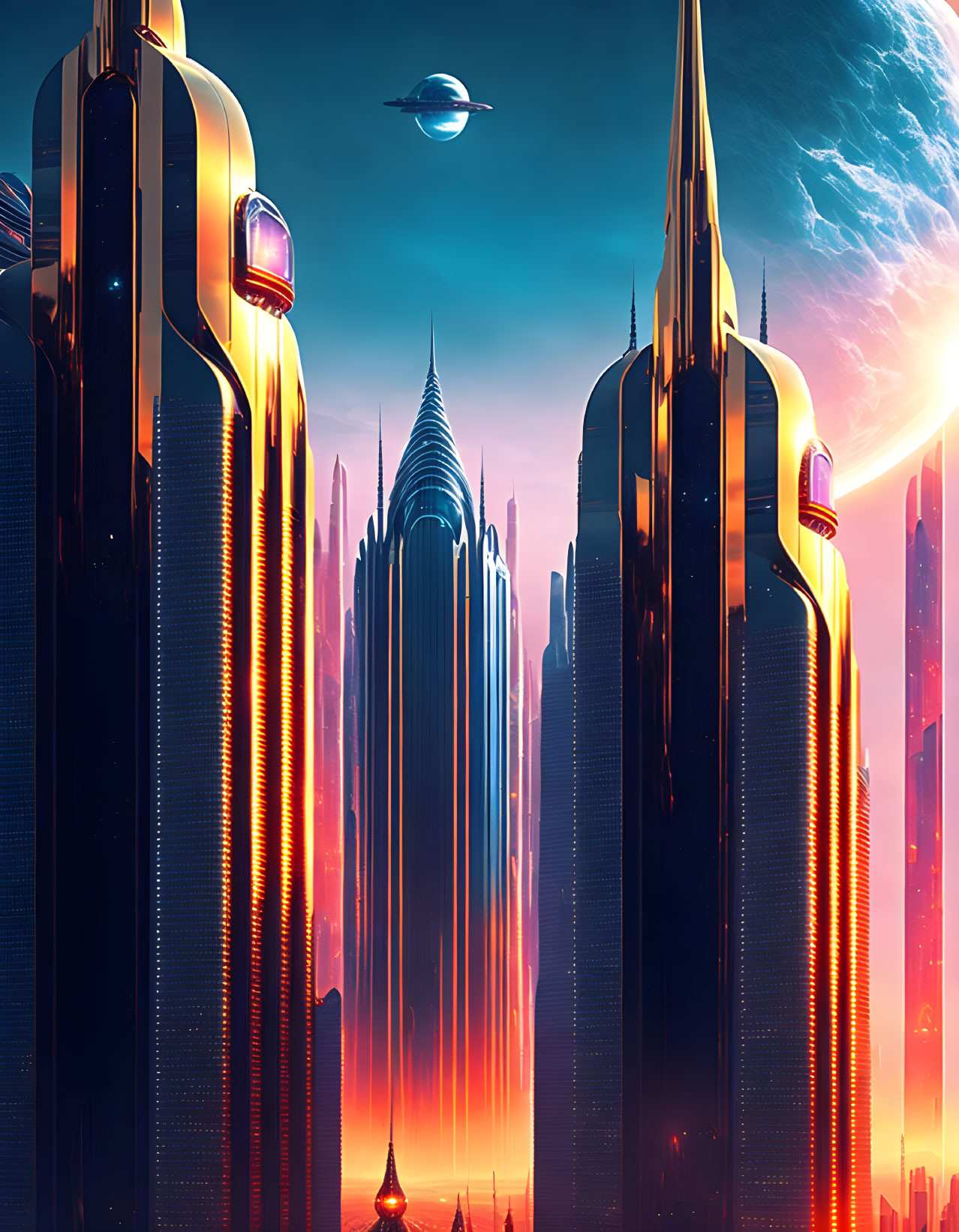 Futuristic city skyline with neon-lit skyscrapers and flying vehicles at sunset