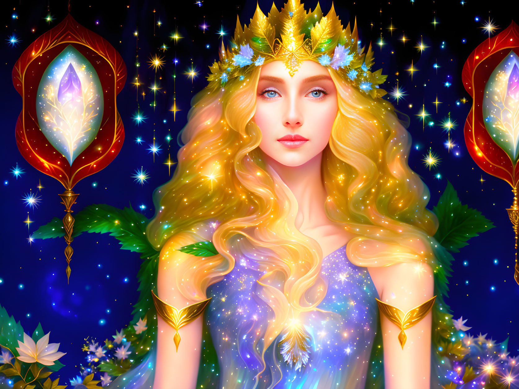 Golden-haired figure with crown and magical lanterns in starry setting