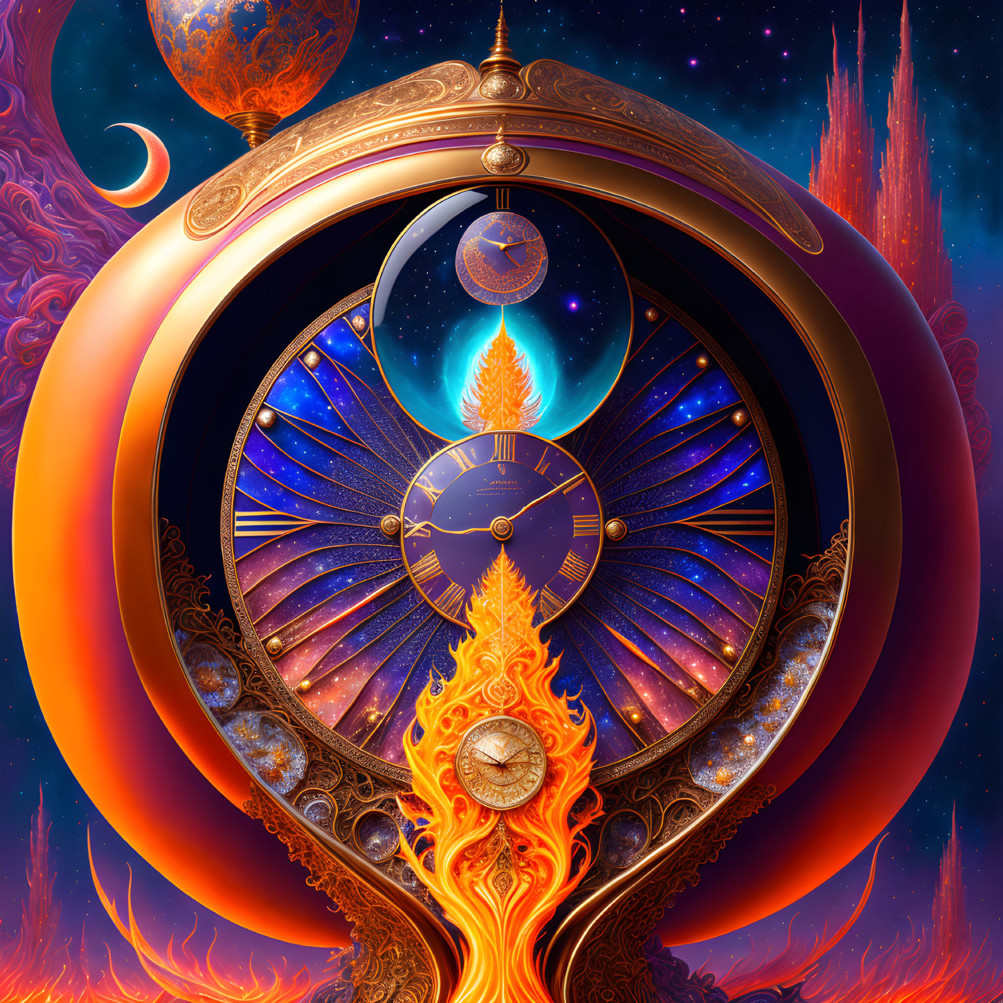 Celestial-themed digital artwork with cosmic clock and fiery elements