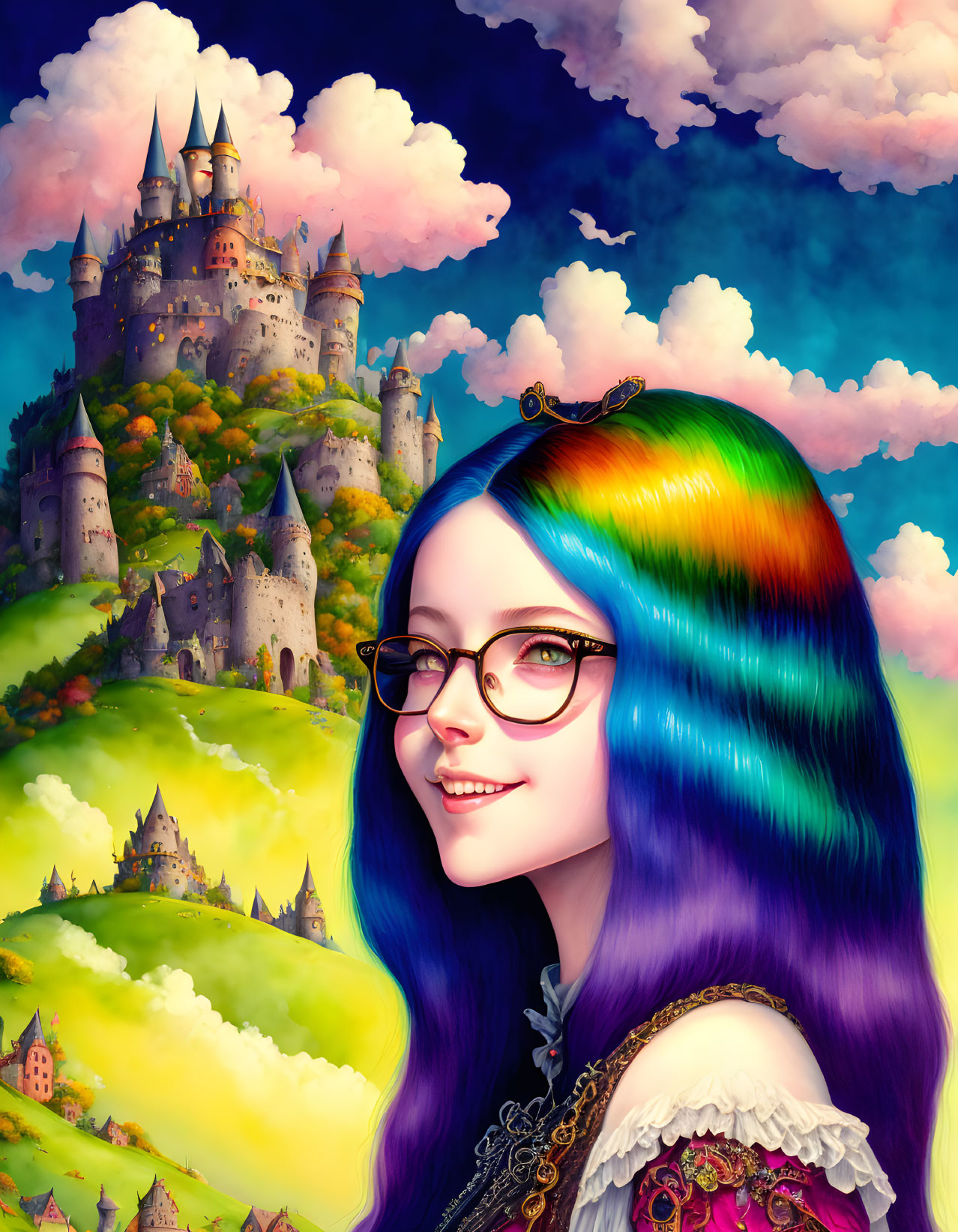 Colorful illustration: Smiling girl with rainbow hair and glasses in front of whimsical castle