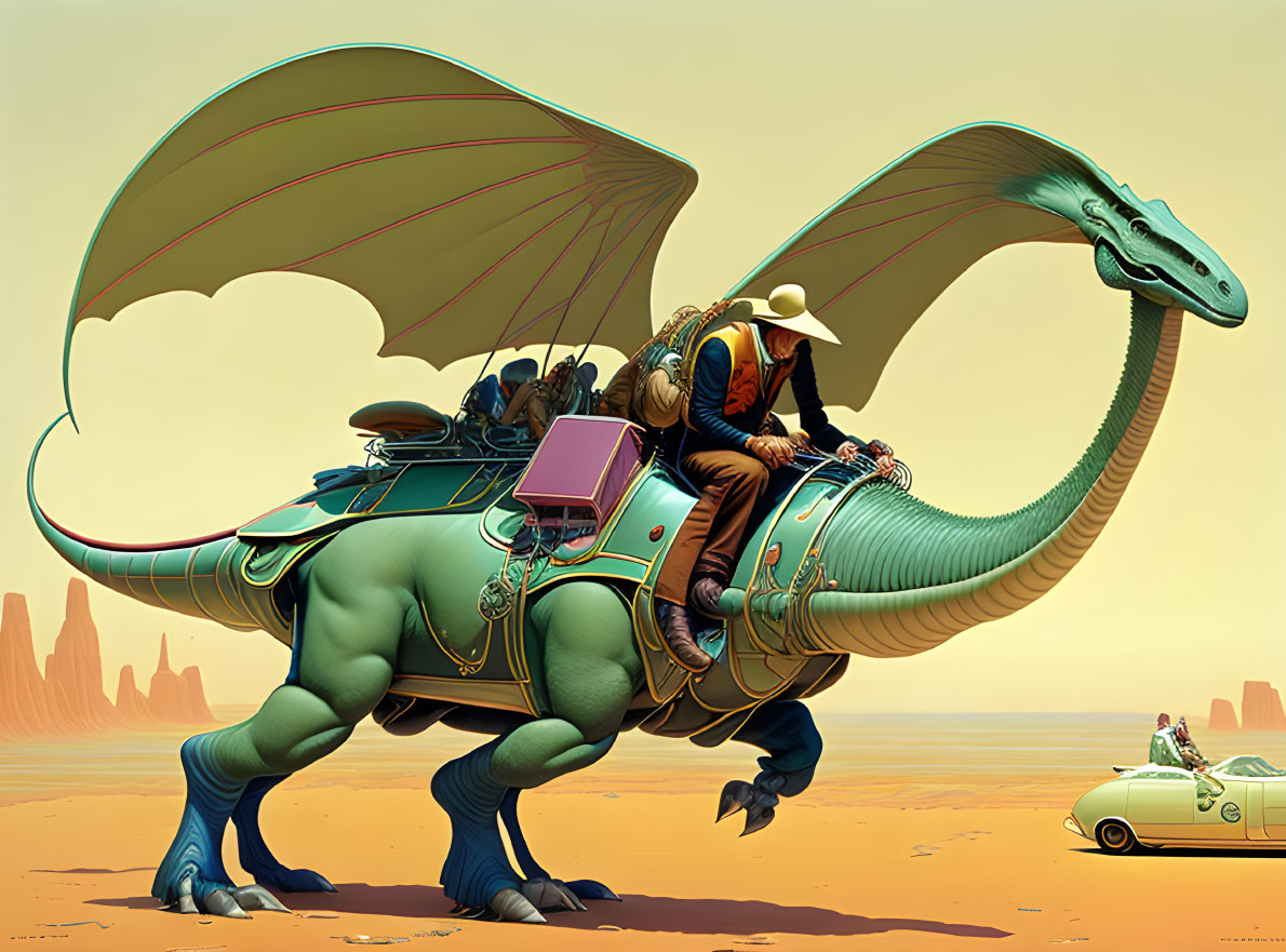 Surreal illustration of person riding winged green creature in desert with car