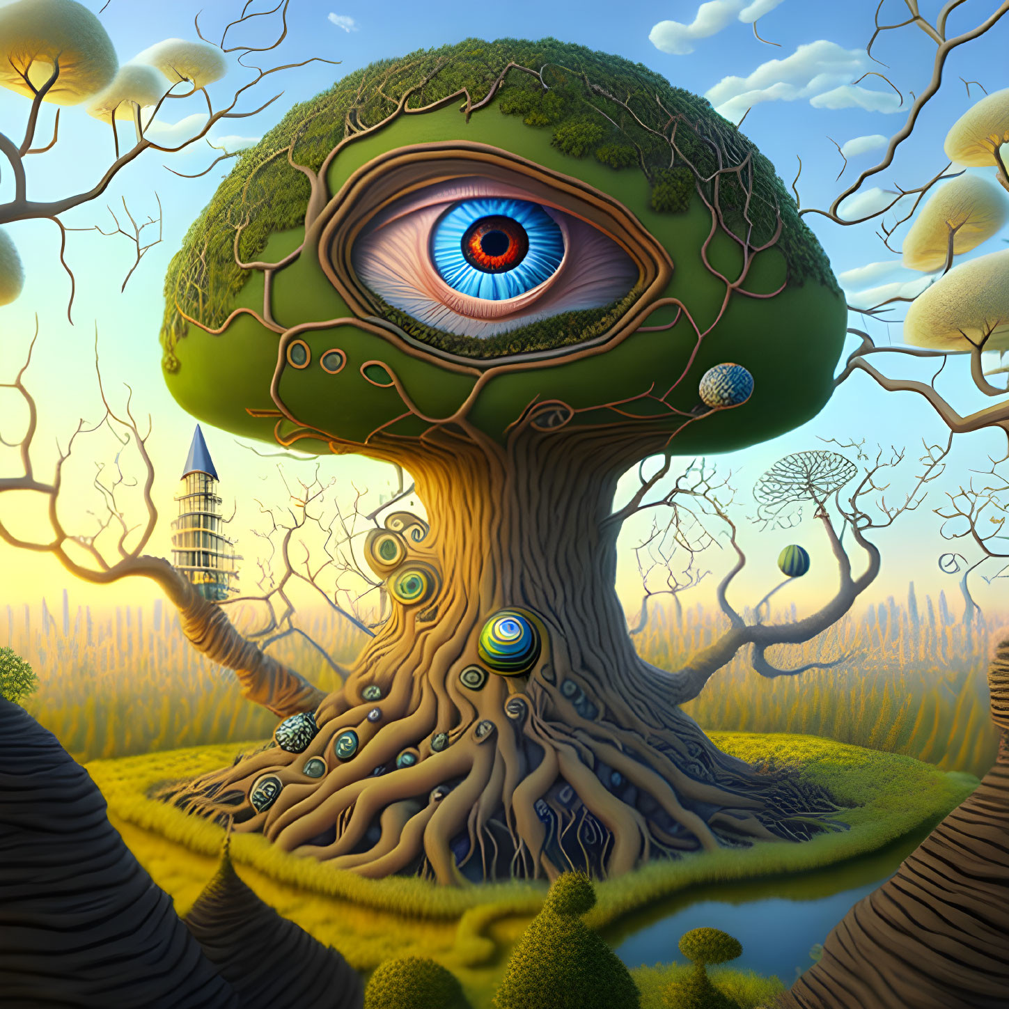 Surreal landscape with eye-shaped tree and whimsical flora against blue sky