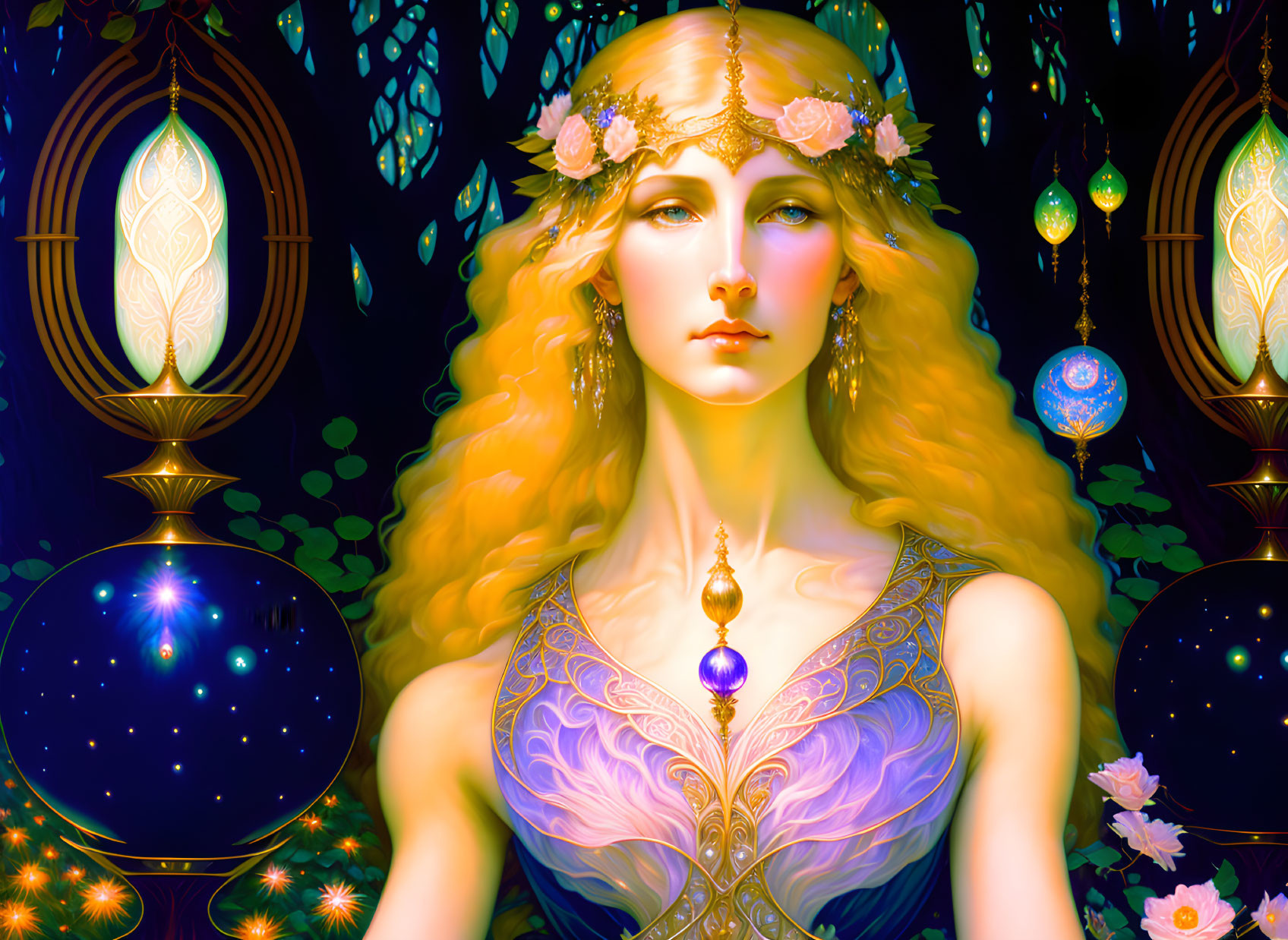 Golden-haired female figure in purple dress with leaf crown, orbs, and foliage.