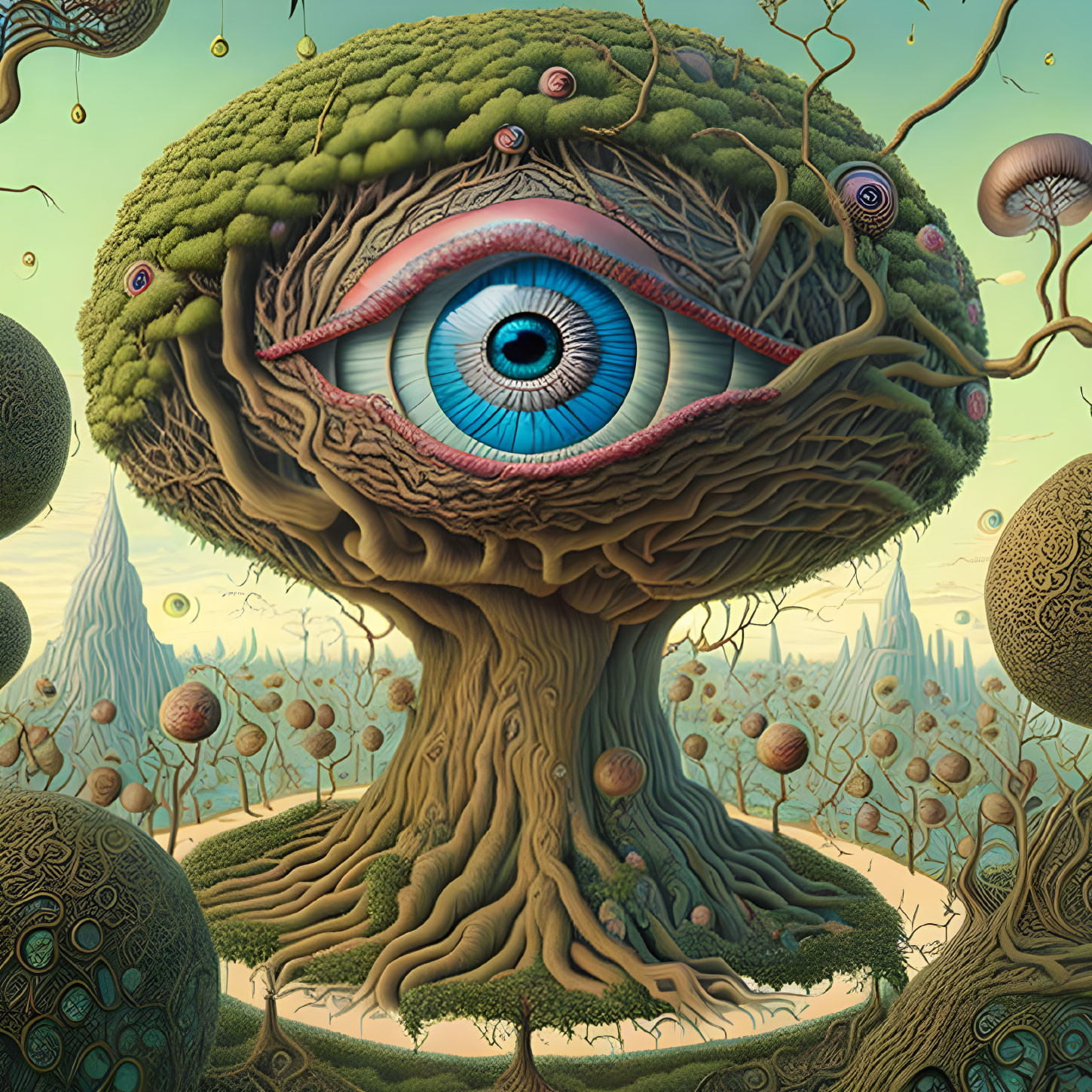 Surreal artwork: tree with eye in fantastical landscape