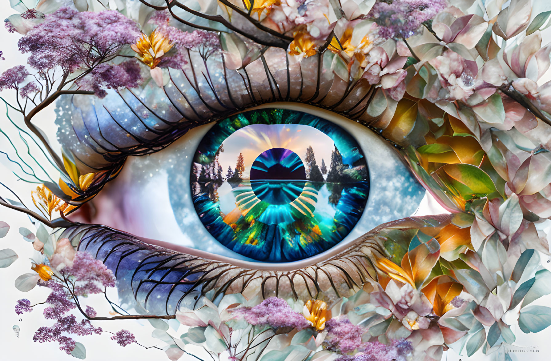 Surreal eye with vibrant landscape pupil and lush floral surroundings