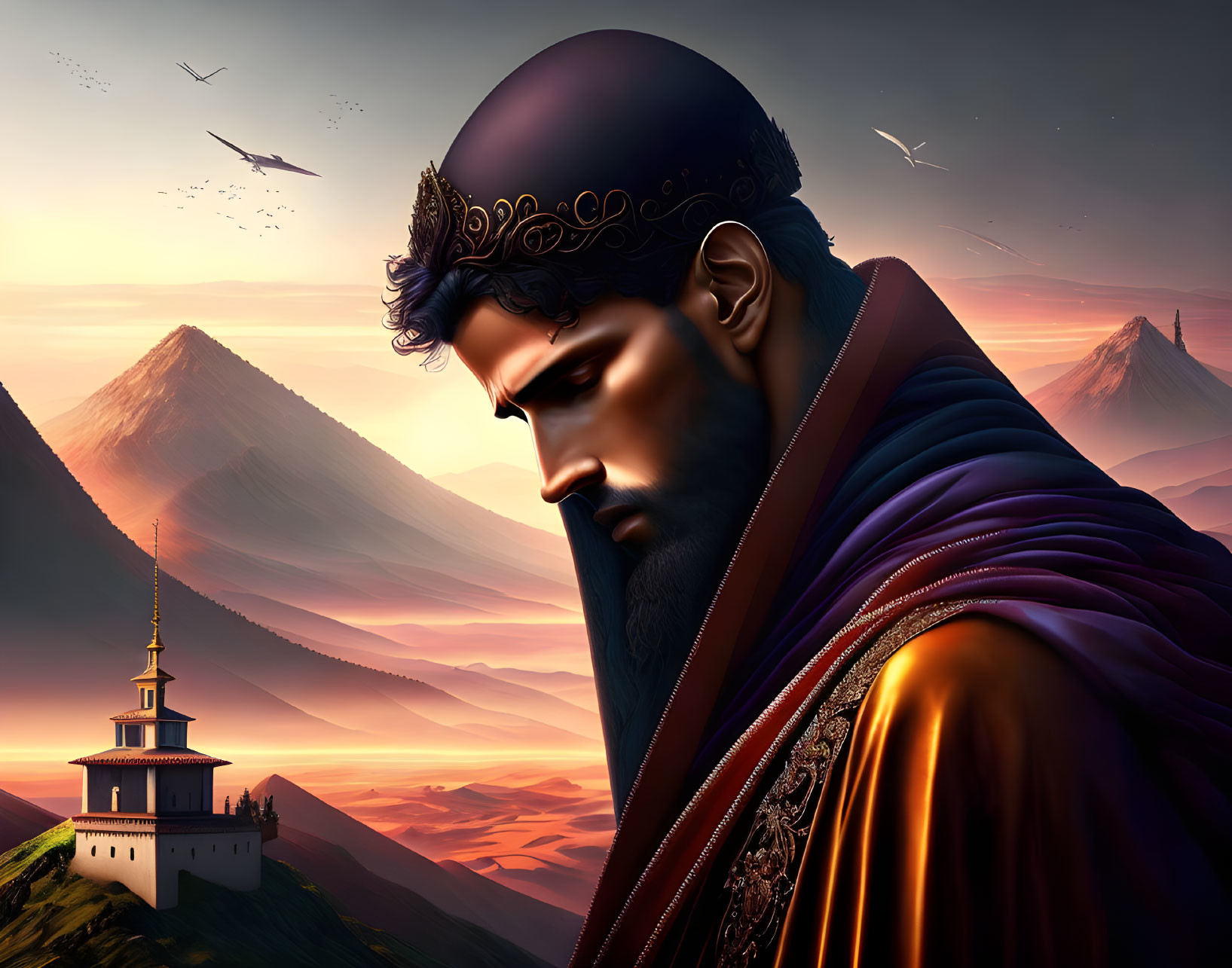 Regal figure with crown gazes at mountains, sunset, and tower