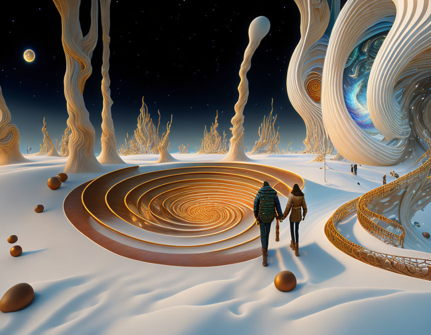 Surreal landscape with two individuals walking towards swirling structures