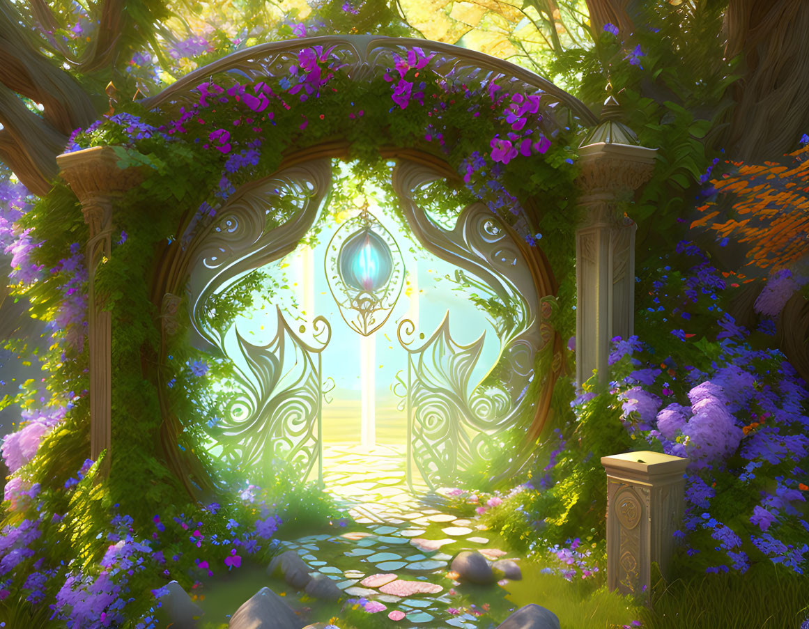 Enchanting garden gate with blooming flowers and mystical blue gem